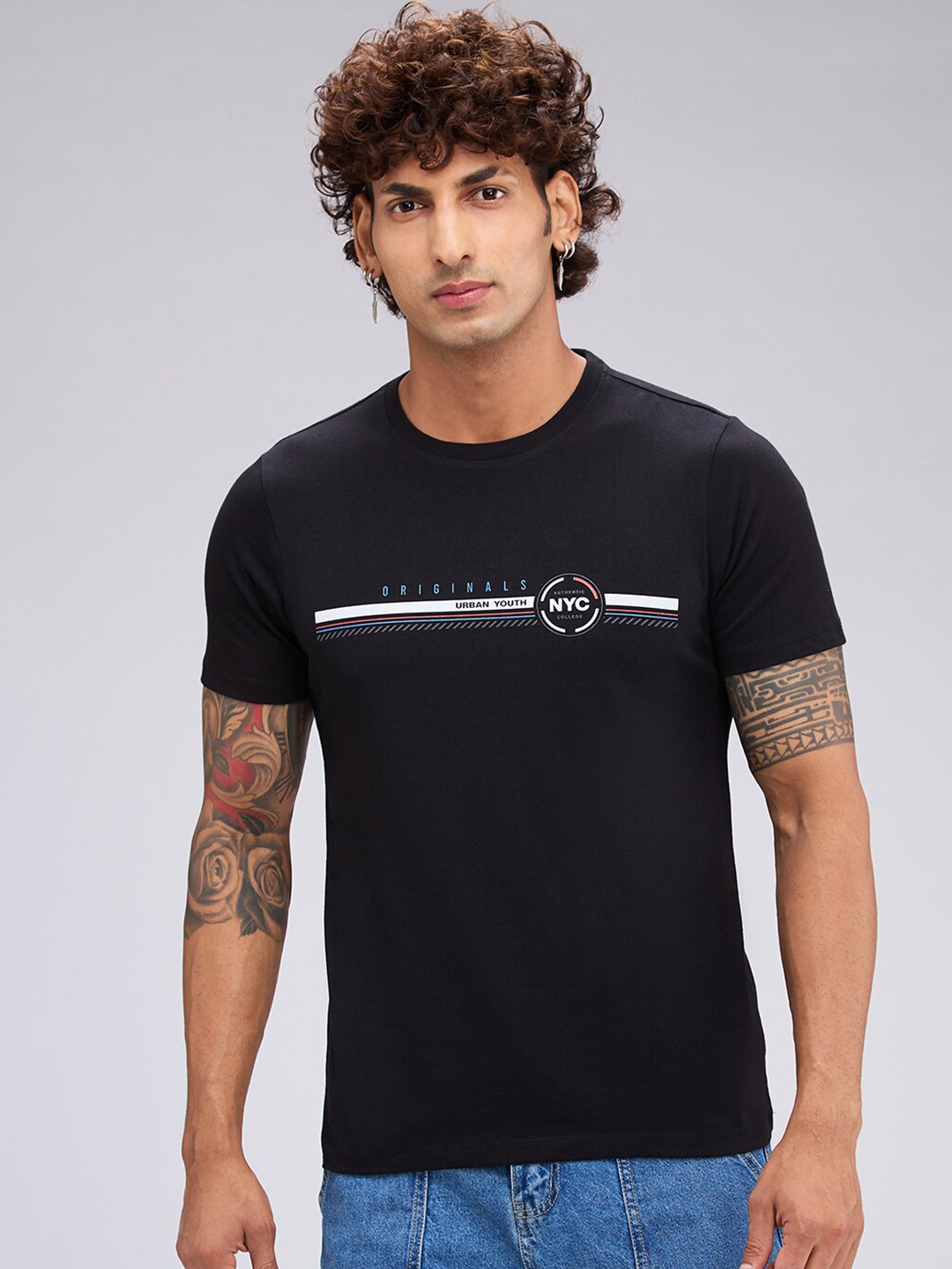 

NOIRA Typography Printed Cotton Casual T-shirt, Black