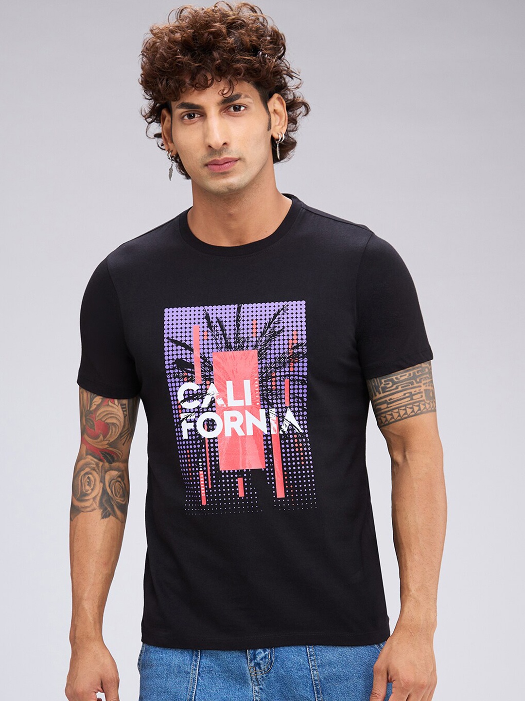 

NOIRA Typography Printed Cotton Casual T-shirt, Black