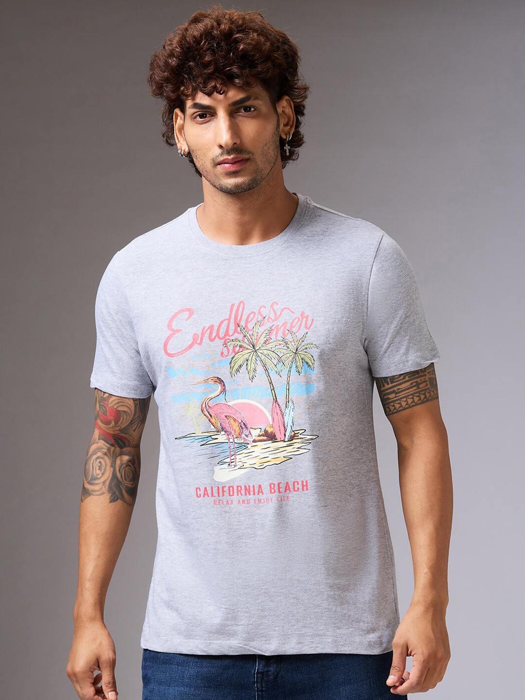

NOIRA Typography Printed Cotton Casual T-shirt, Grey