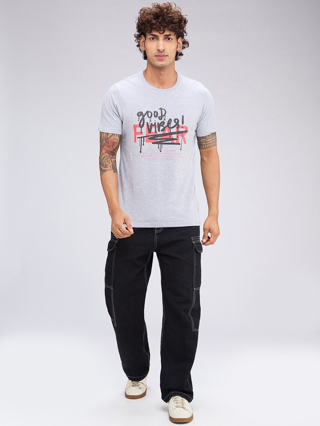 

NOIRA Typography Printed Round Neck Cotton T-shirt, Grey