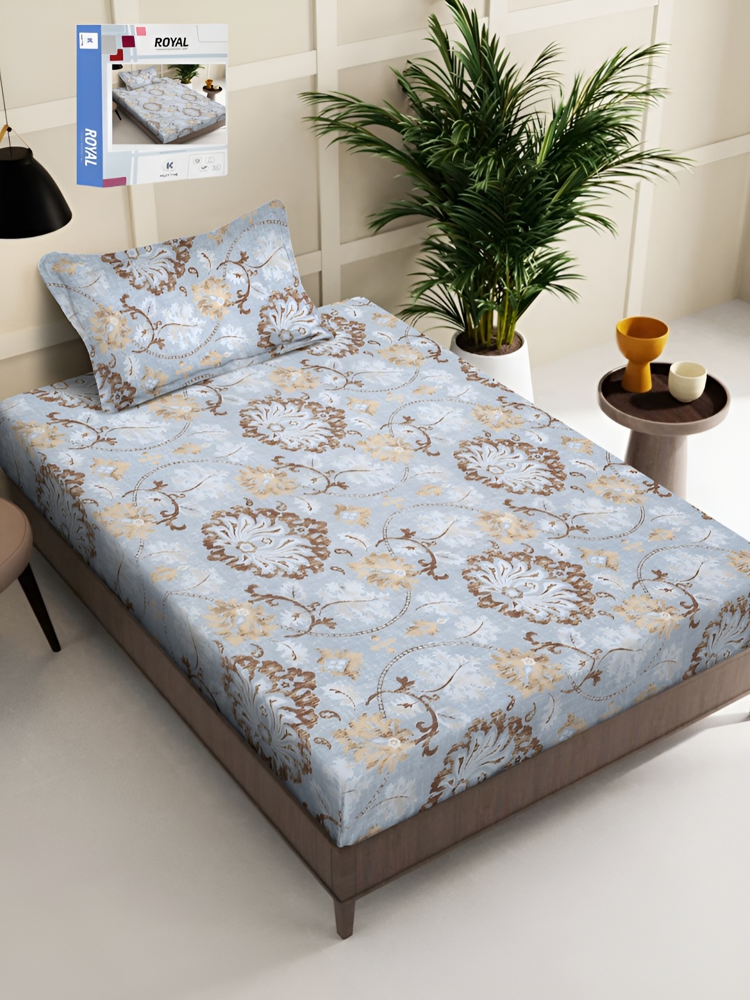 

KLOTTHE Blue & Brown Floral Printed 300 TC Single Bedsheet With Pillow Cover