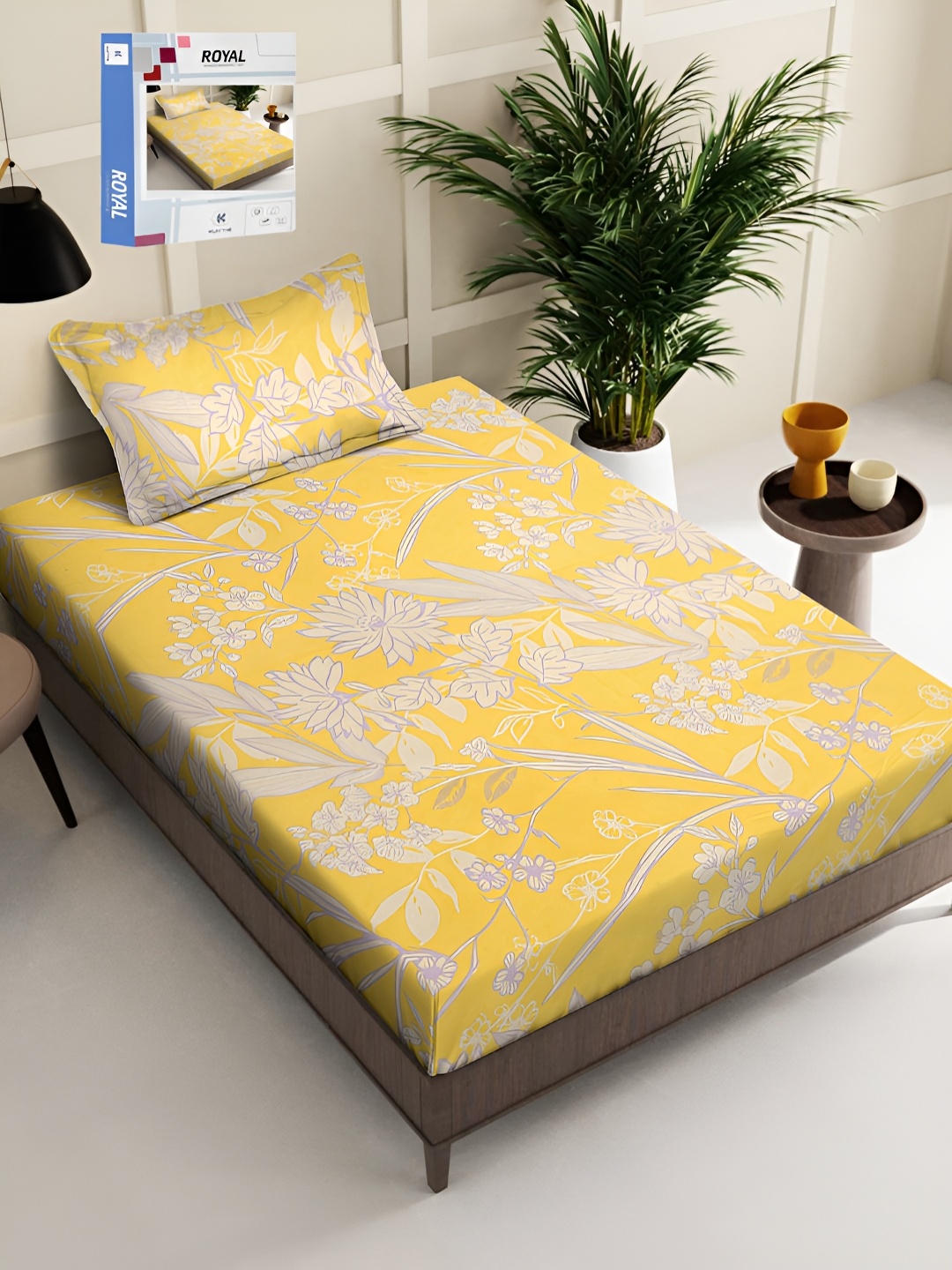 

KLOTTHE Yellow & White Floral Printed 300TC Single Bedsheet With Pillow Cover