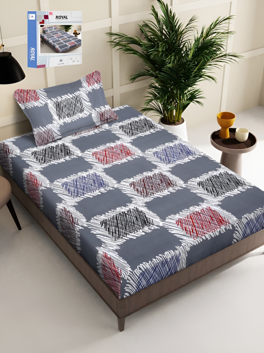 

KLOTTHE Grey & White Printed 300 TC Single Bed Bedsheet With 1 Pillow Cover