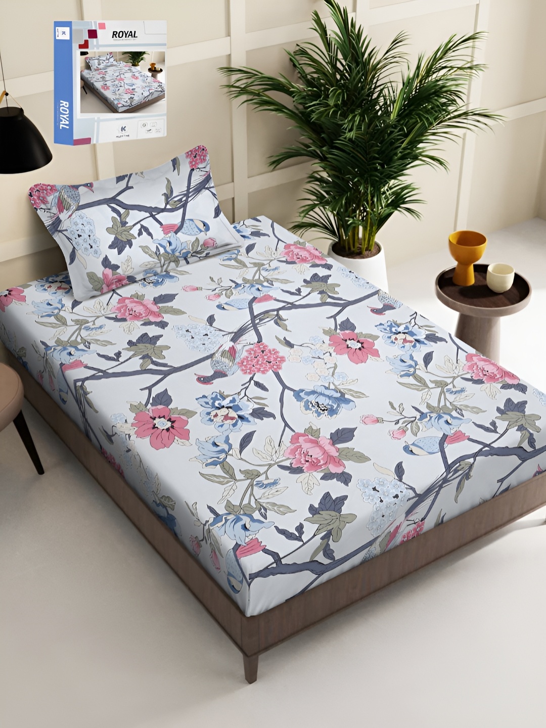 

KLOTTHE White & Pink Floral Printed 300 TC Single Bed Bedsheet With 1 Pillow Cover