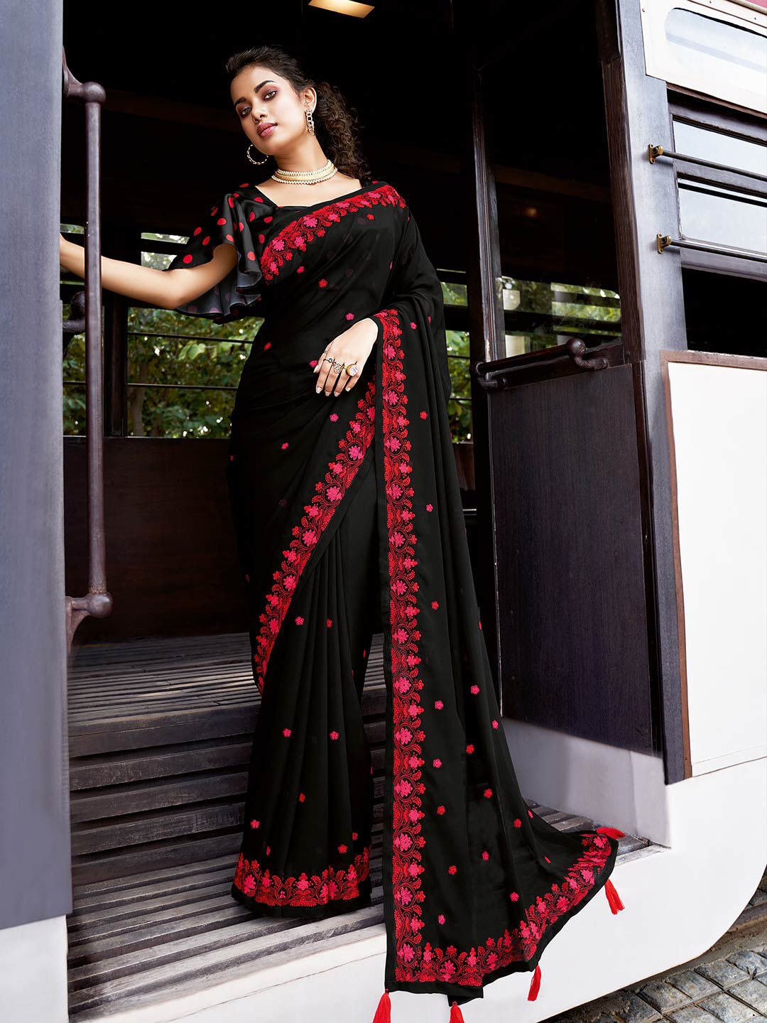 

Aarrah Floral Embroidered Pure Chiffon Saree, Black