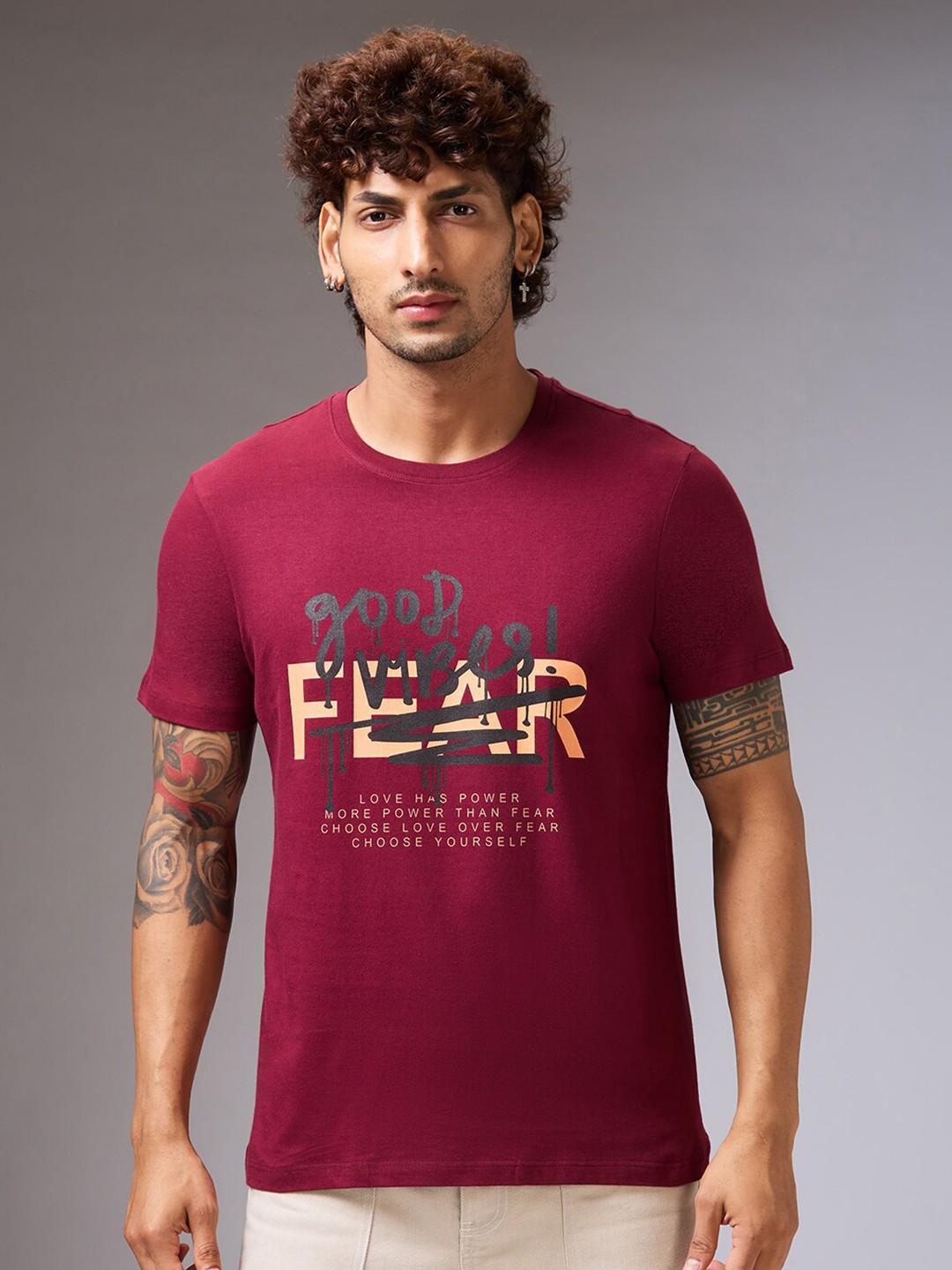 

NOIRA Typography Printed Cotton Casual T-shirt, Maroon