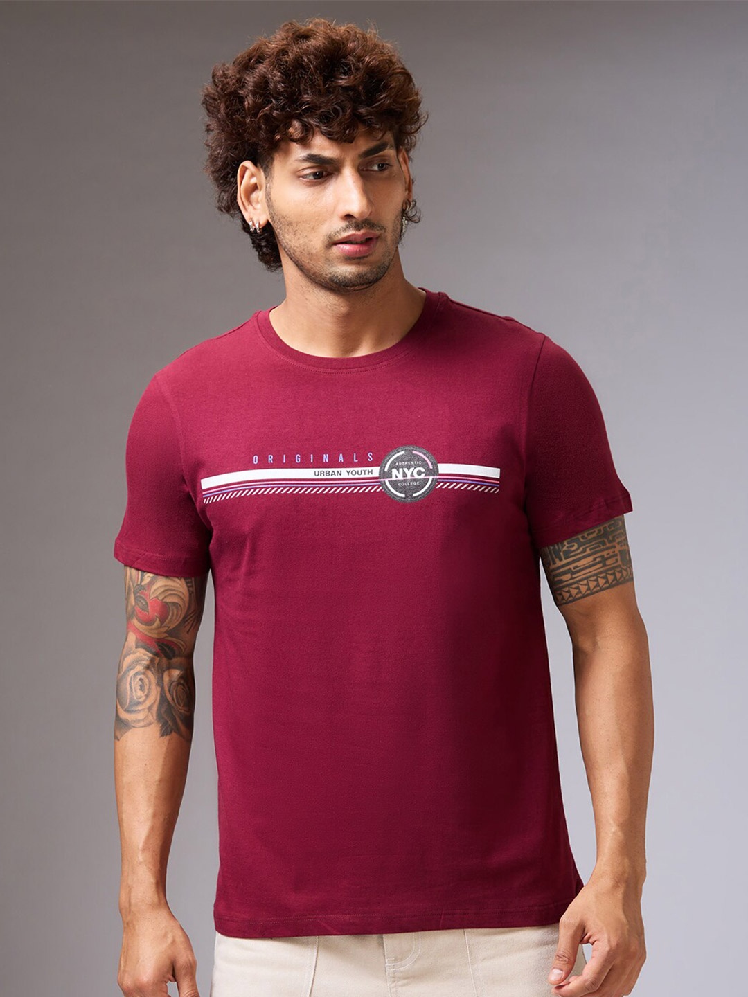 

NOIRA Typography Printed Cotton T-Shirt, Maroon