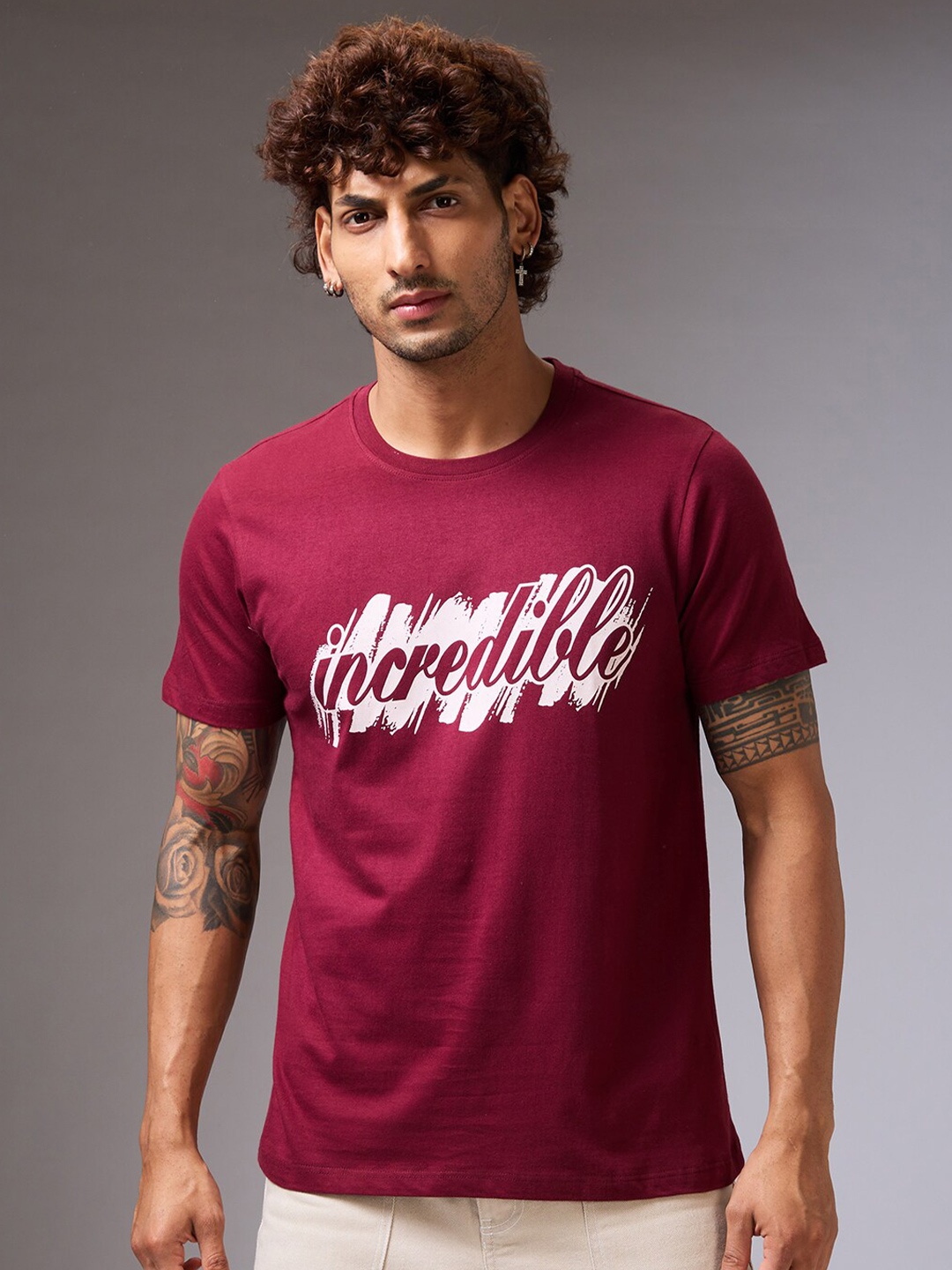

NOIRA Typography Printed Round Neck Cotton T-shirt, Maroon