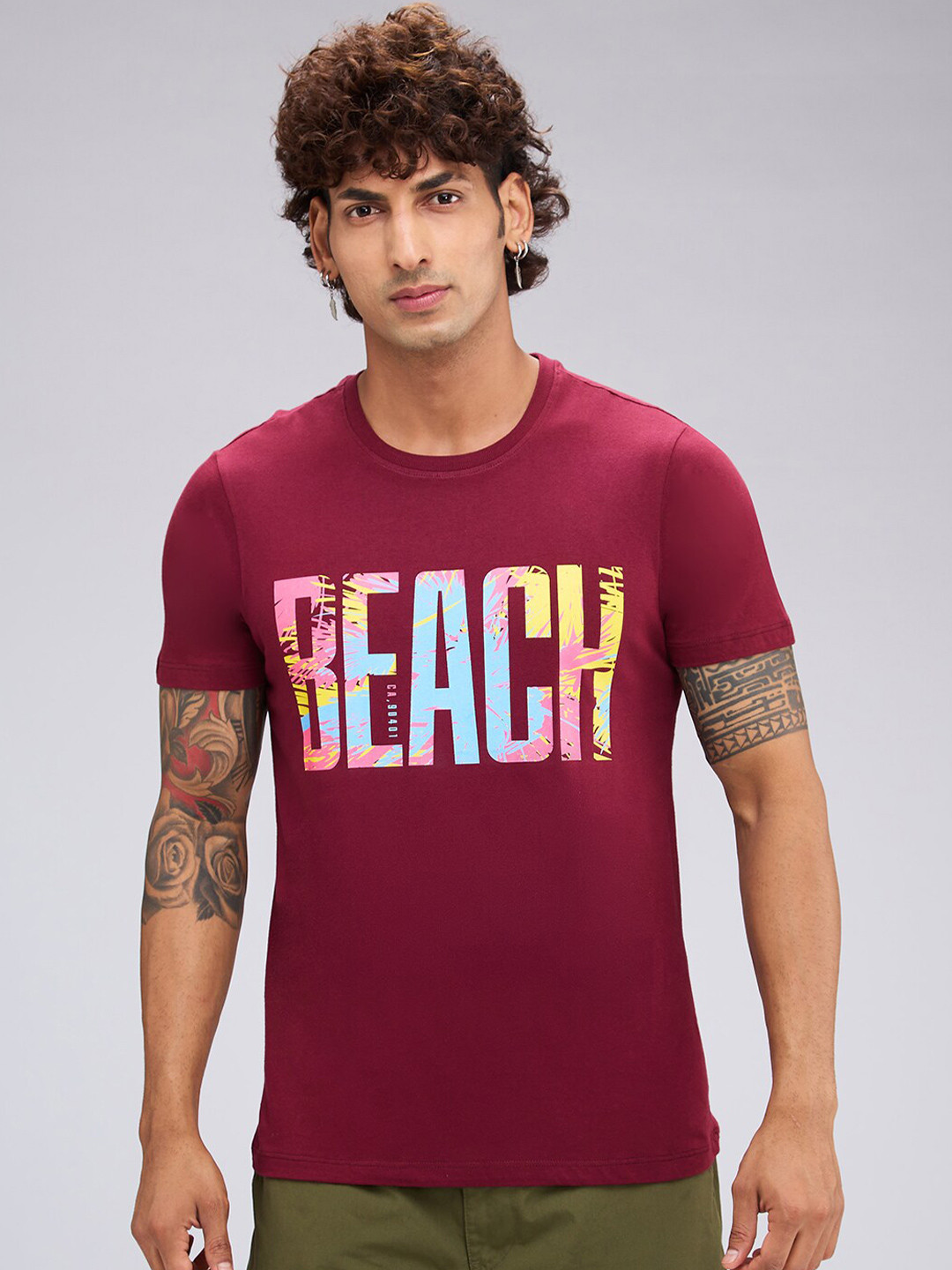 

NOIRA Typography Printed Cotton T-Shirt, Maroon