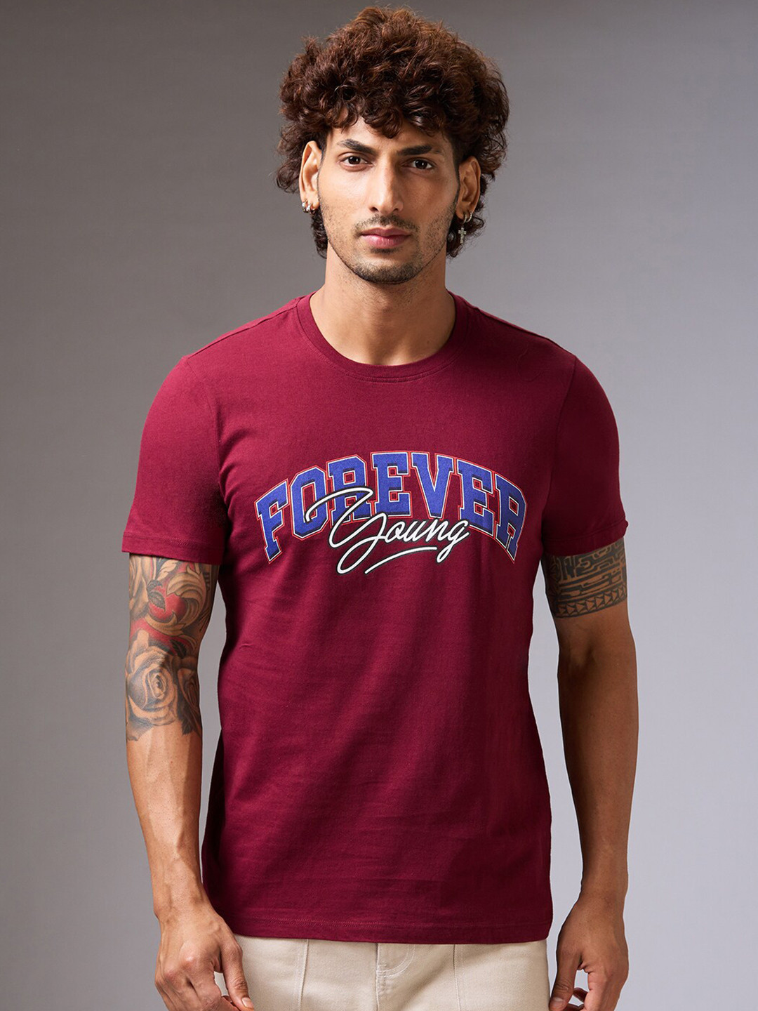 

NOIRA Typography Printed Cotton Casual T-shirt, Maroon