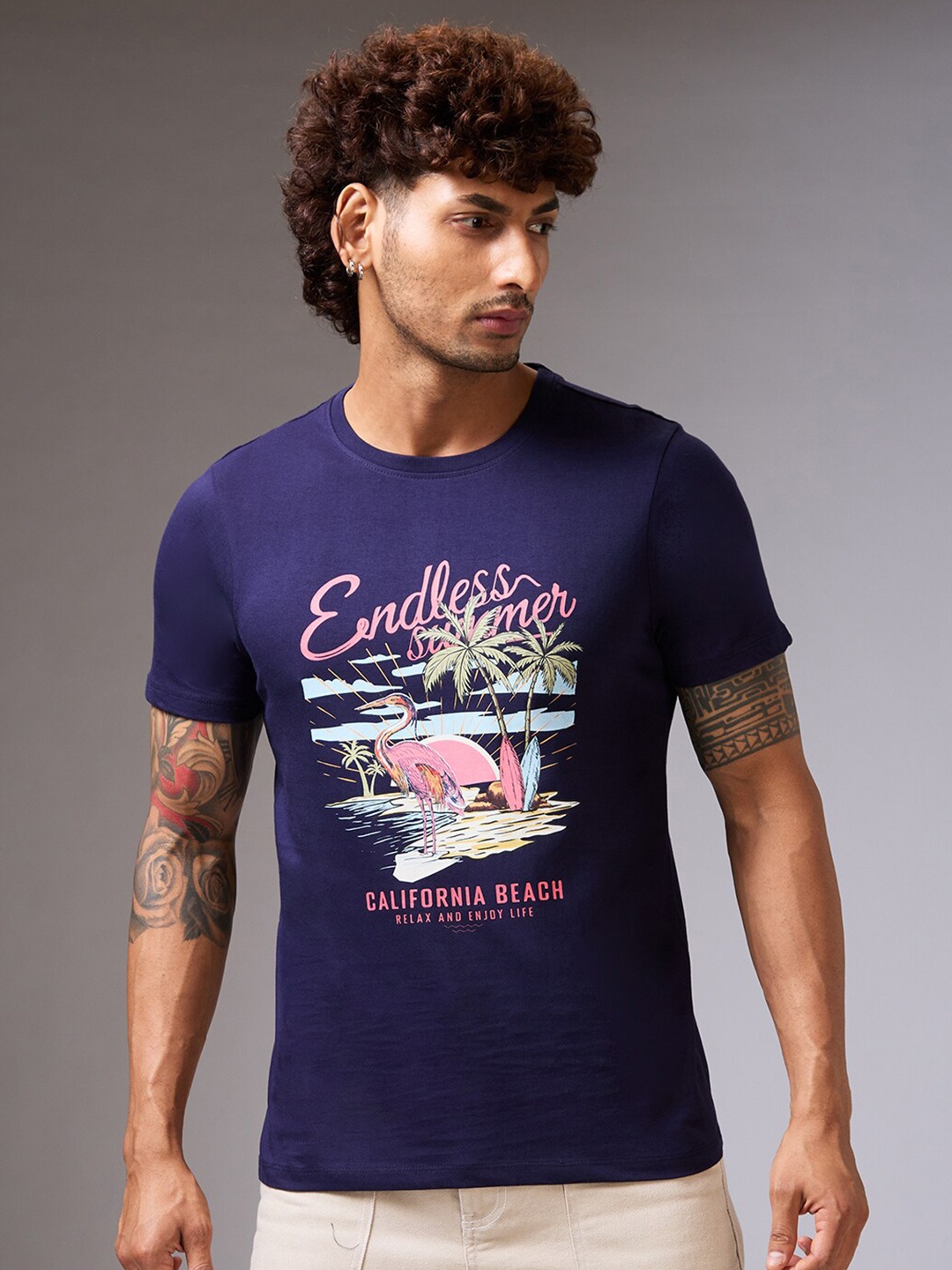 

NOIRA Typography Printed Cotton Casual T-shirt, Navy blue