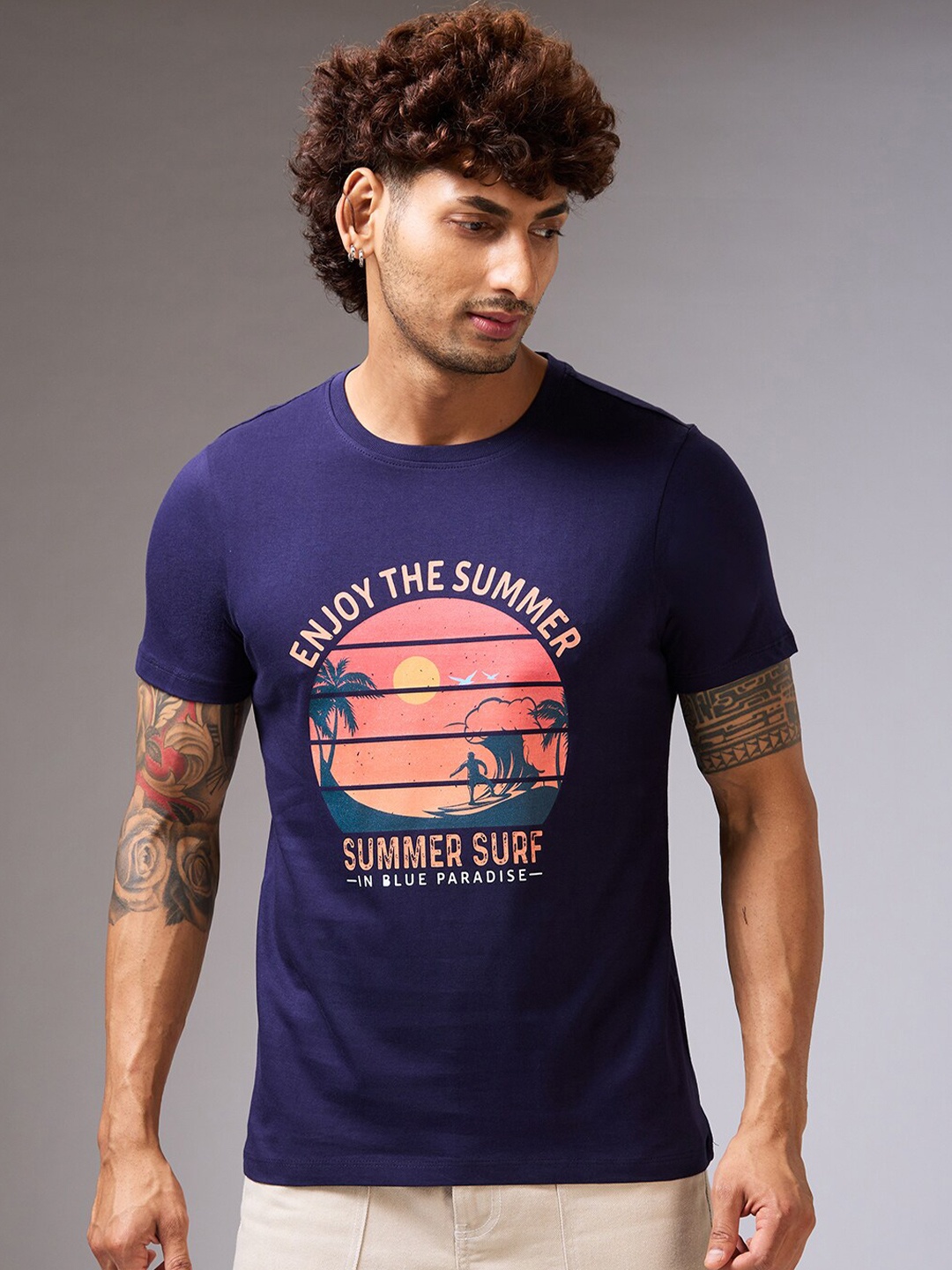 

NOIRA Graphic Printed Round Neck Cotton T-shirt, Navy blue