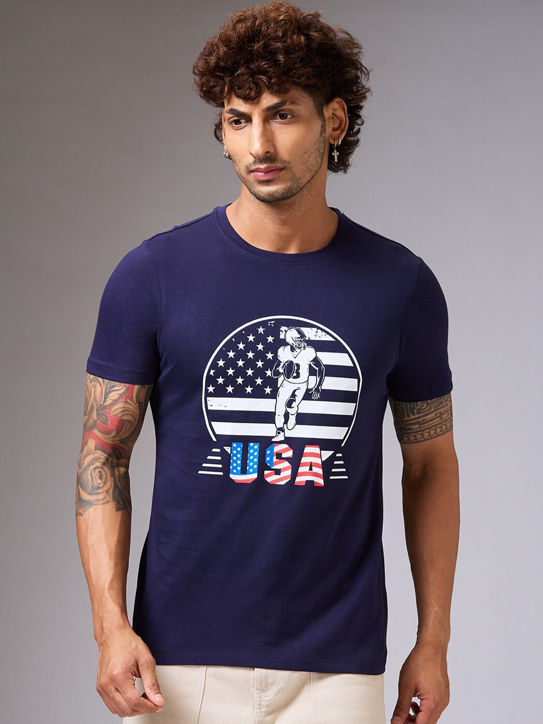

NOIRA Typography Printed Round Neck Cotton T-shirt, Navy blue