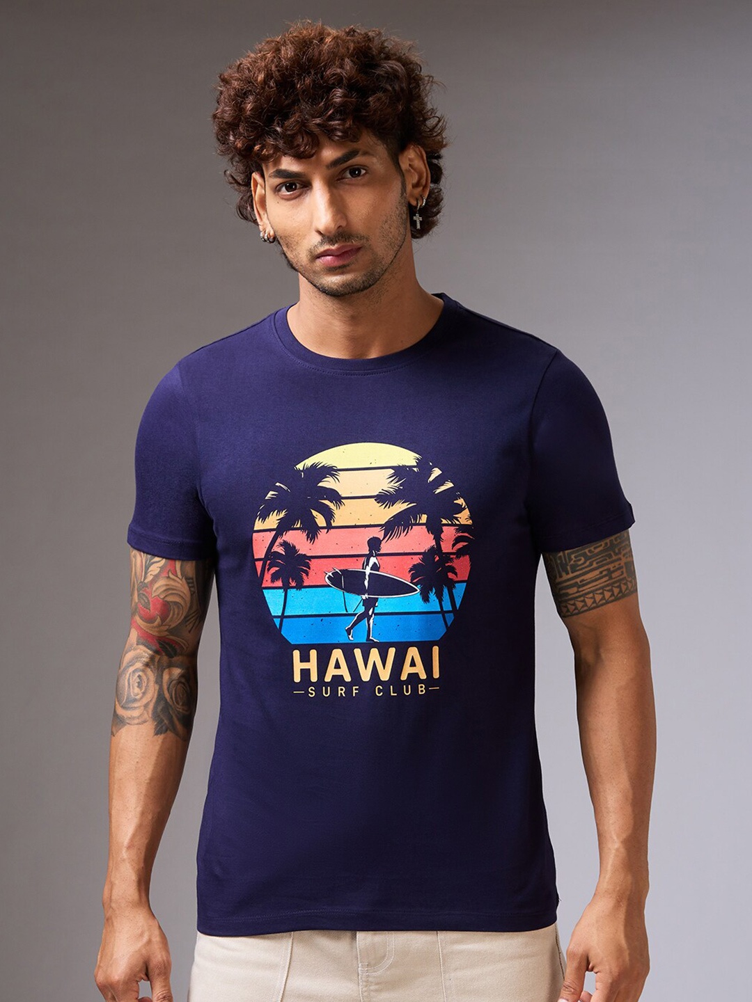 

NOIRA Graphic Printed Round Neck Cotton T-shirt, Navy blue