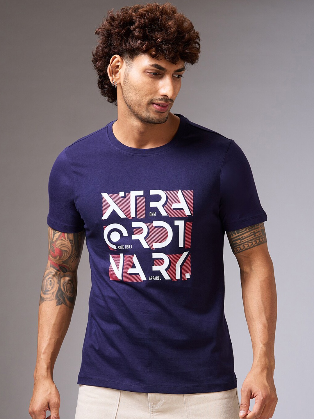

NOIRA Typography Printed Cotton Casual T-shirt, Navy blue