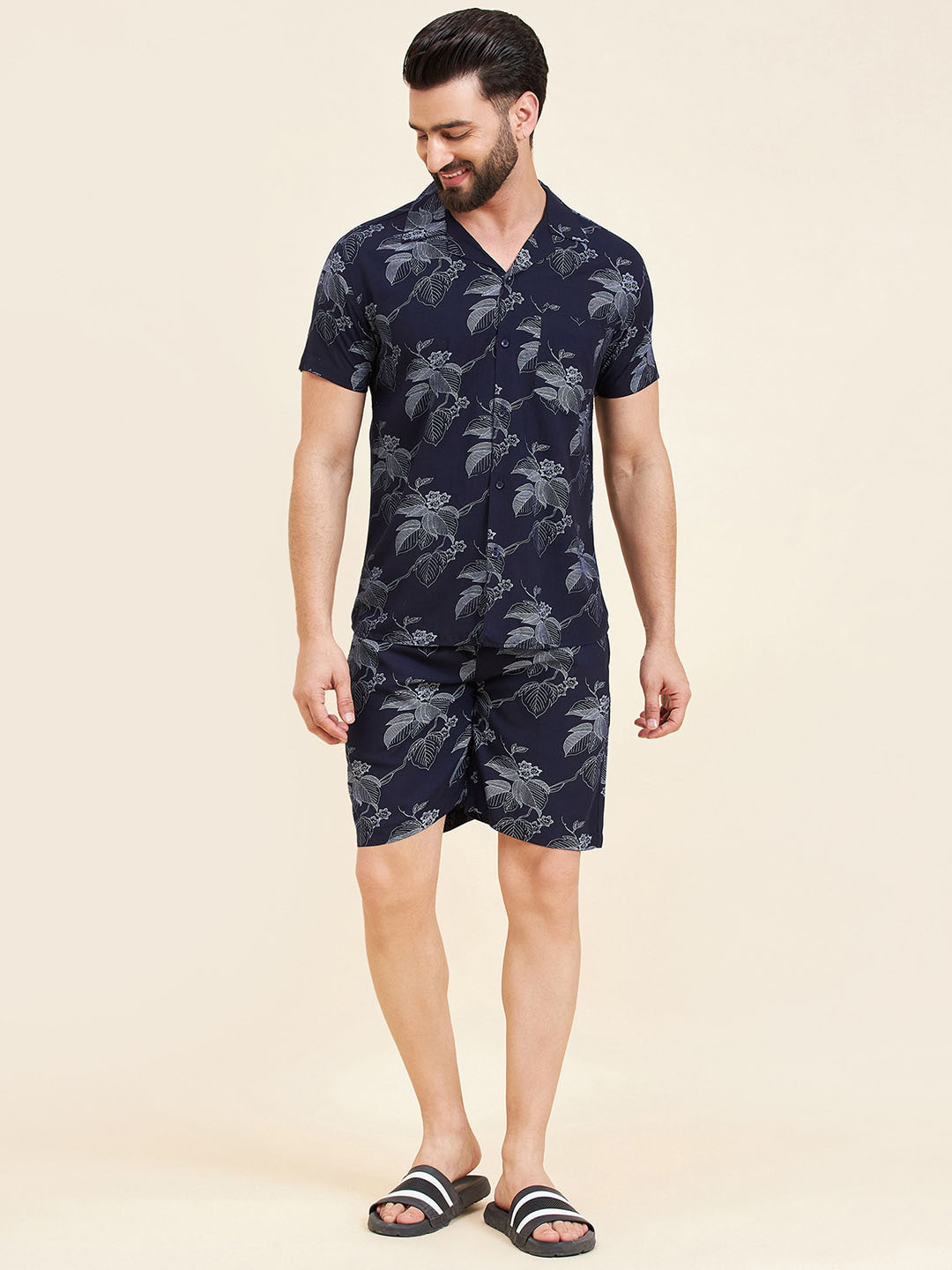 

Sweet Dreams Blue Floral Printed Lapel Collar Night suit, Navy blue