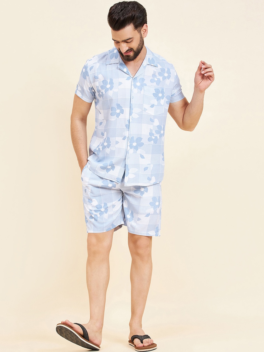

Sweet Dreams Blue Floral Printed Lapel Collar Night suit