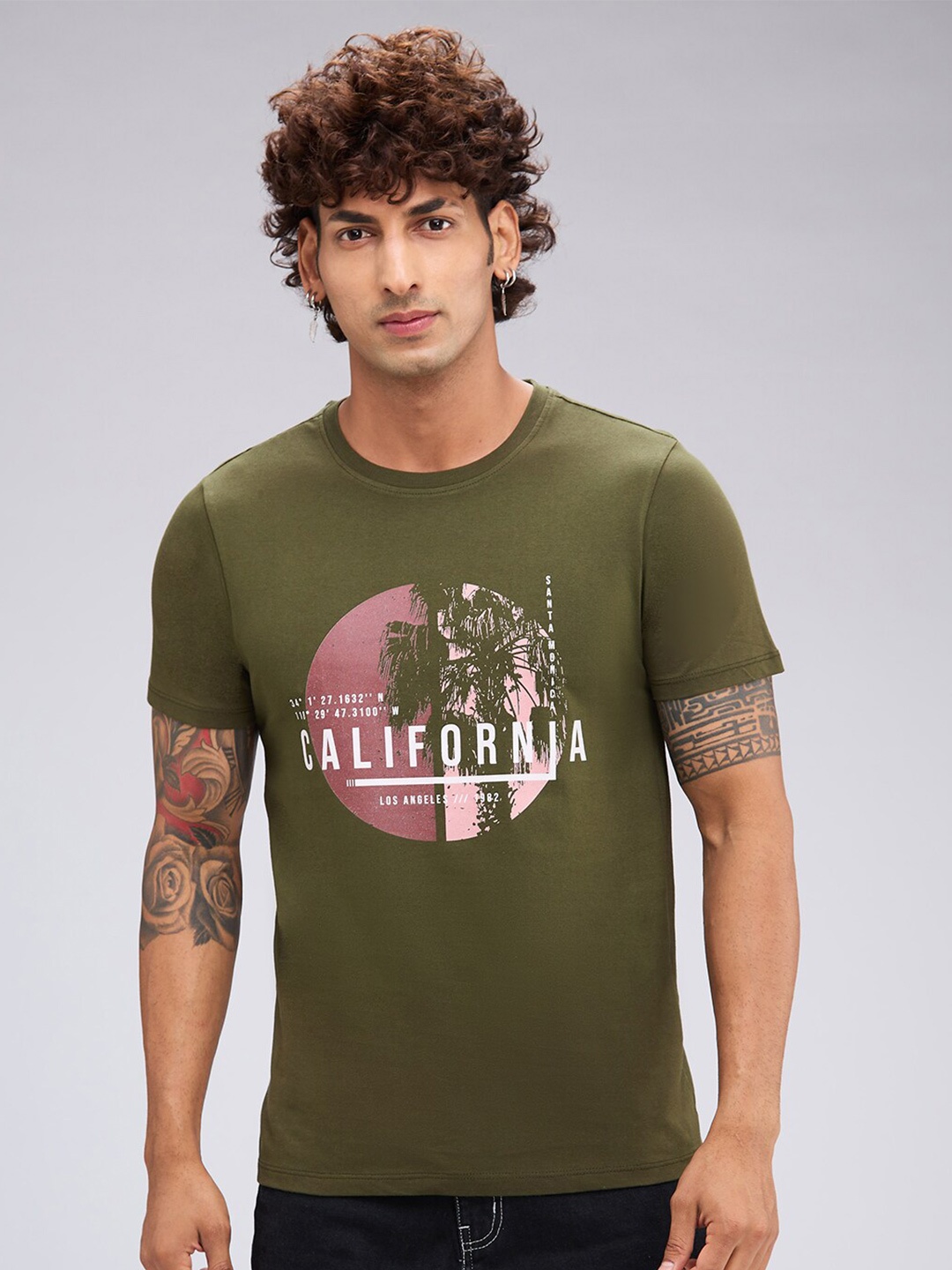 

NOIRA Typography Printed Round Neck Cotton T-shirt, Olive