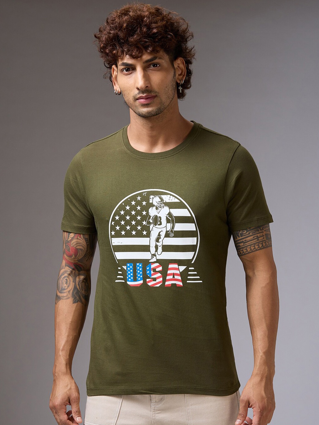 

NOIRA Graphic Printed Cotton Casual T-shirt, Olive