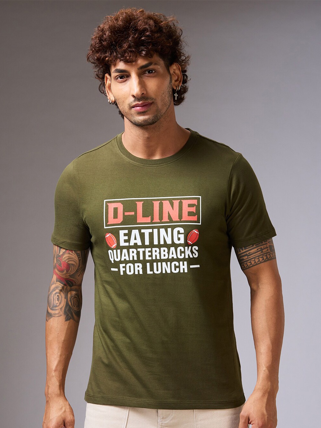 NOIRA Typography Printed Cotton Casual T-shirt, Olive