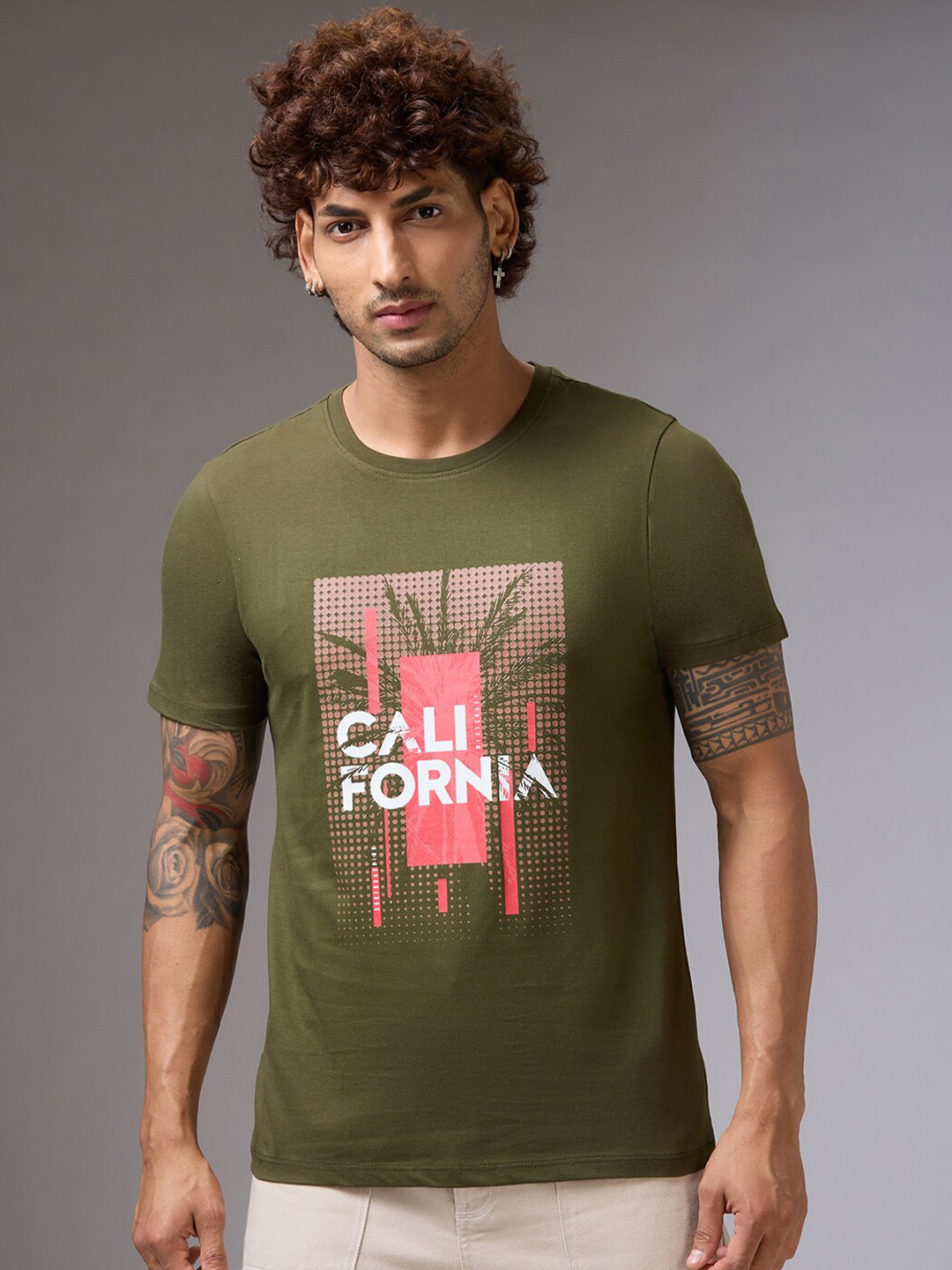 

NOIRA Typography Printed Cotton T-Shirt, Olive