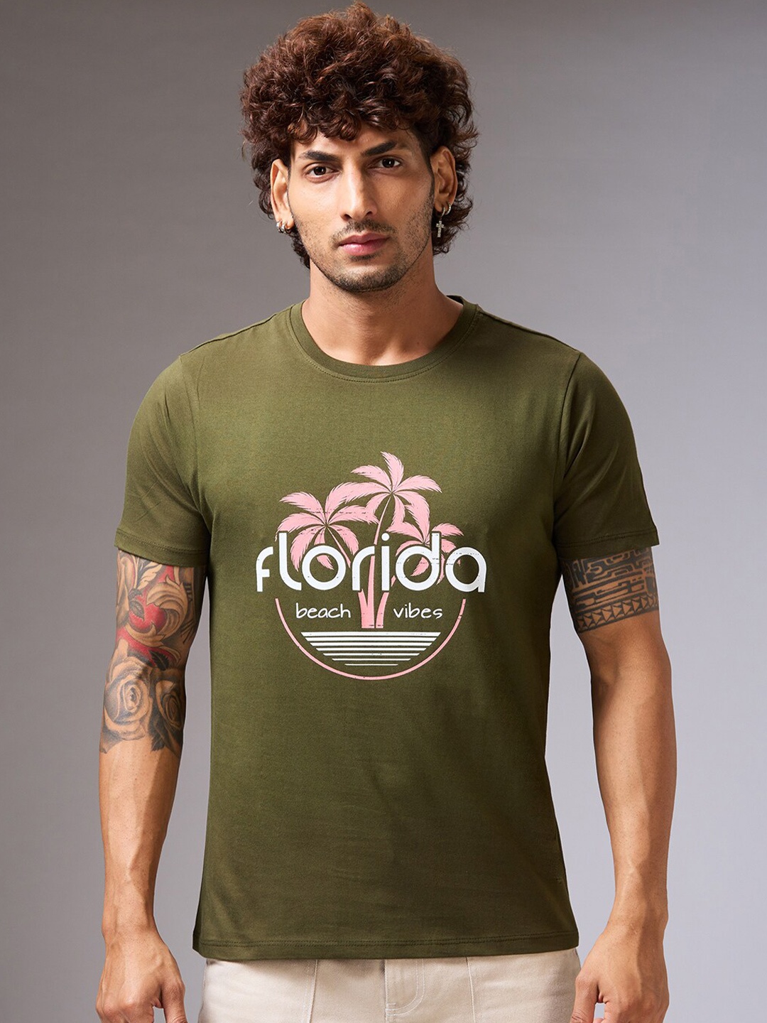 

NOIRA Typography Printed Round Neck Cotton T-shirt, Olive