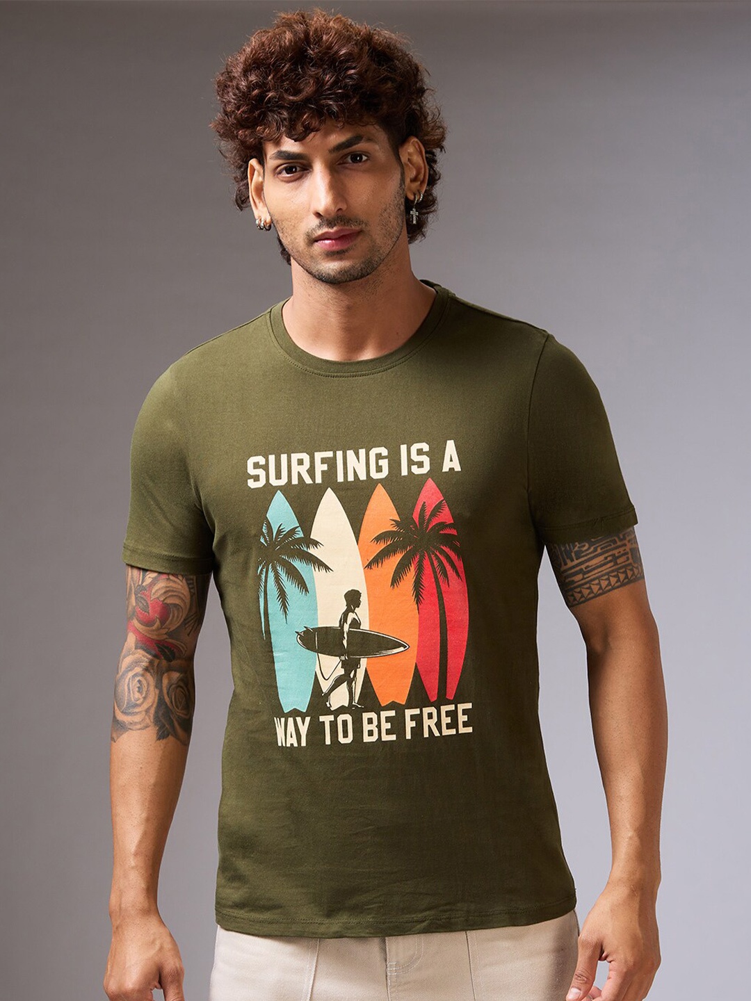 

NOIRA Typography Printed Cotton Casual T-shirt, Olive