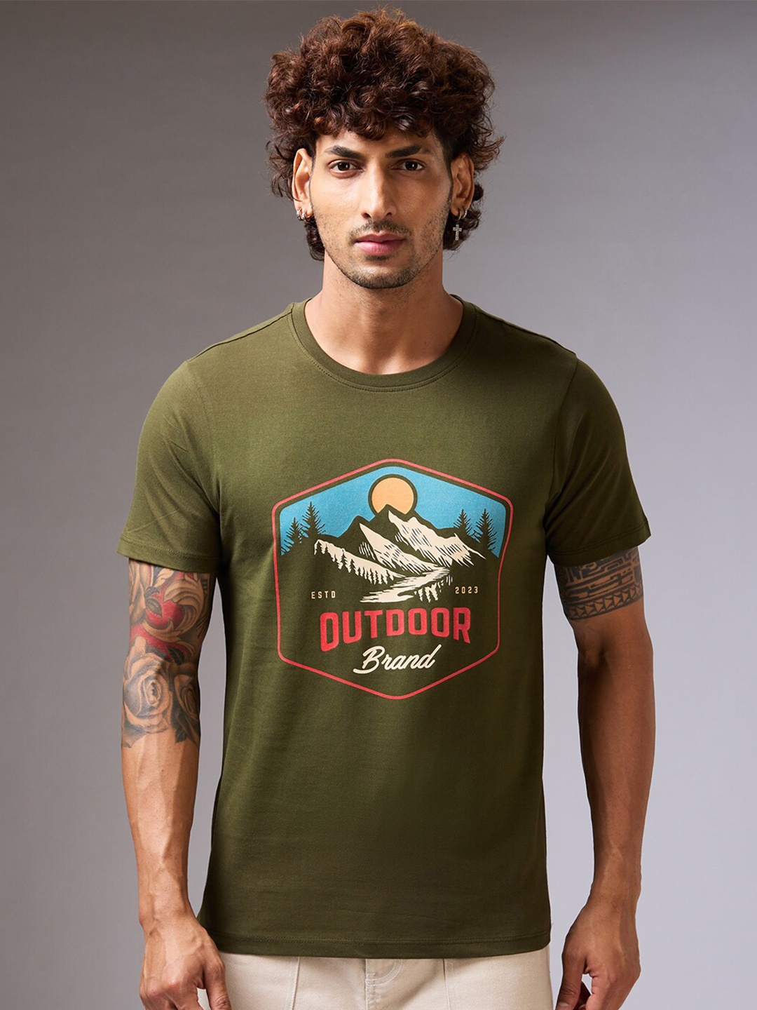 

NOIRA Graphic Printed Round Neck Cotton T-shirt, Olive