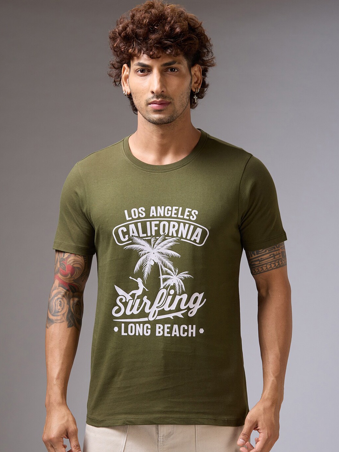 

NOIRA Typography Printed Cotton Casual T-shirt, Olive