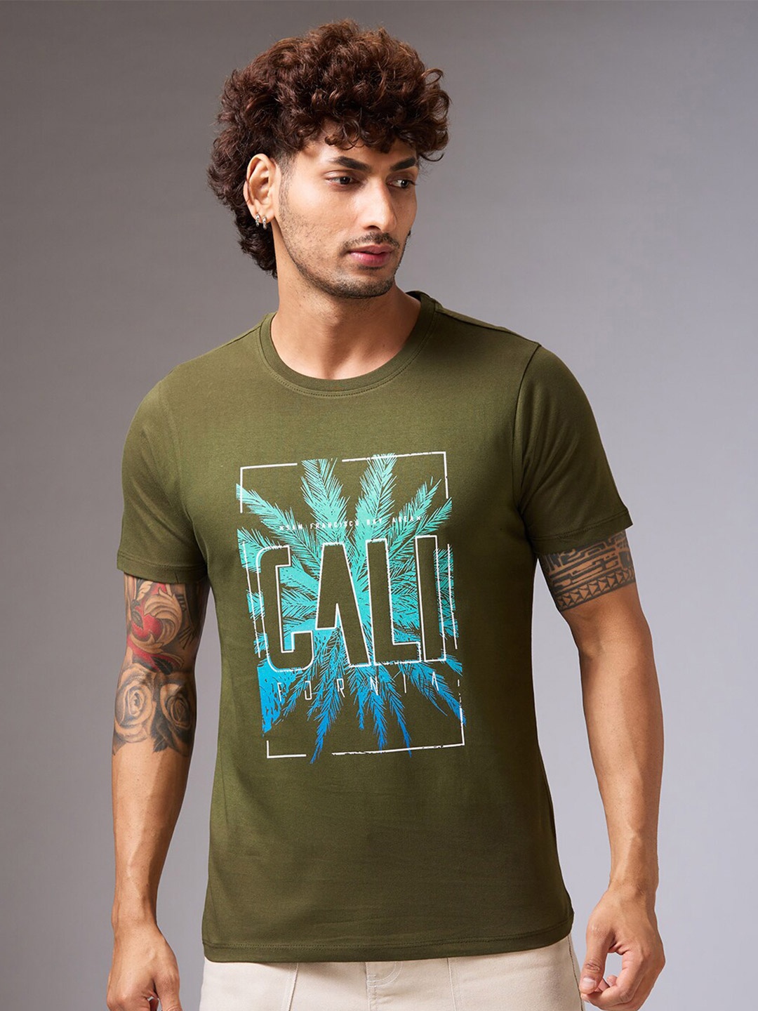 

NOIRA Typography Printed Cotton T-Shirt, Olive