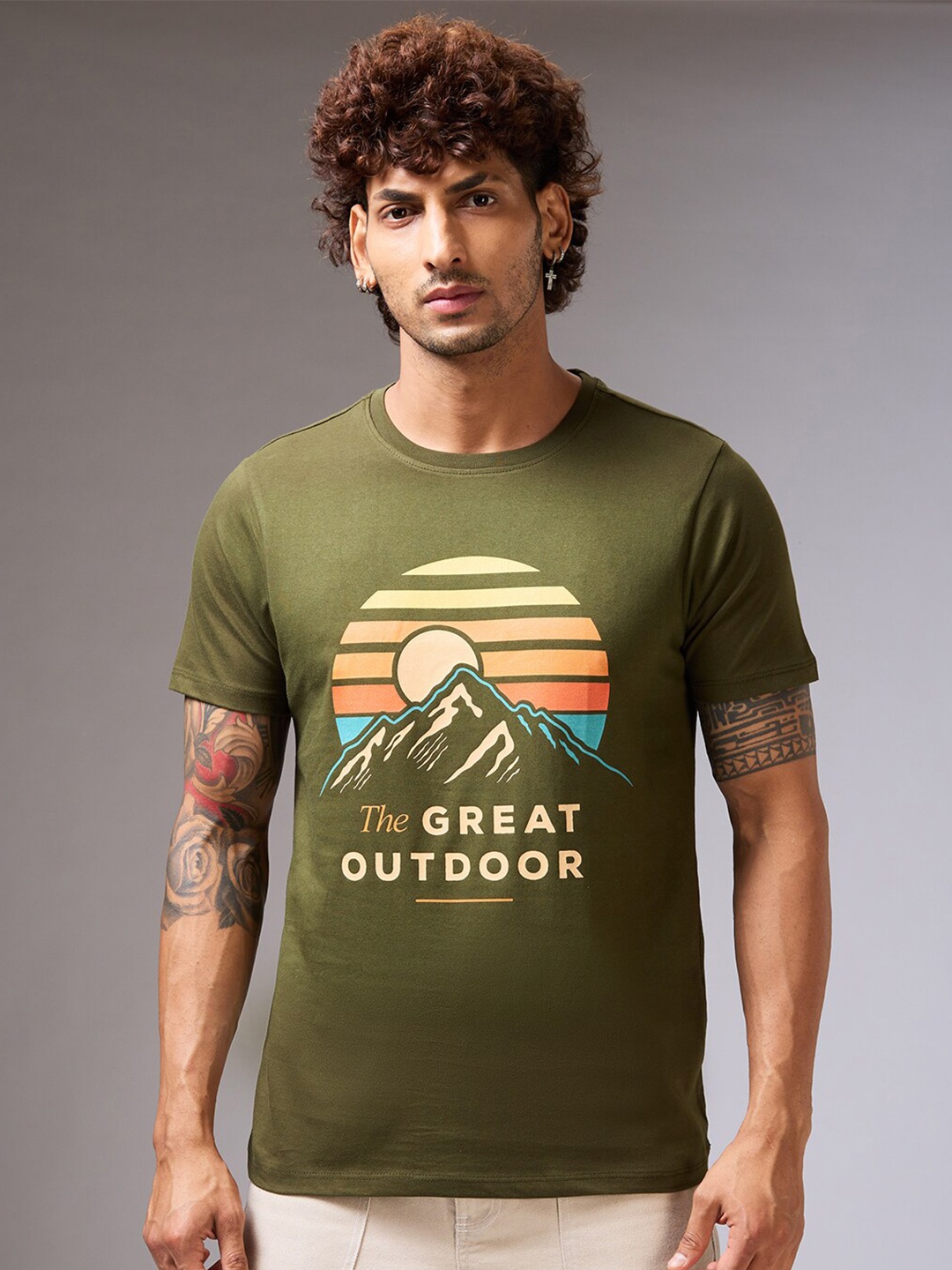 

NOIRA Graphic Printed Round Neck Cotton T-shirt, Olive