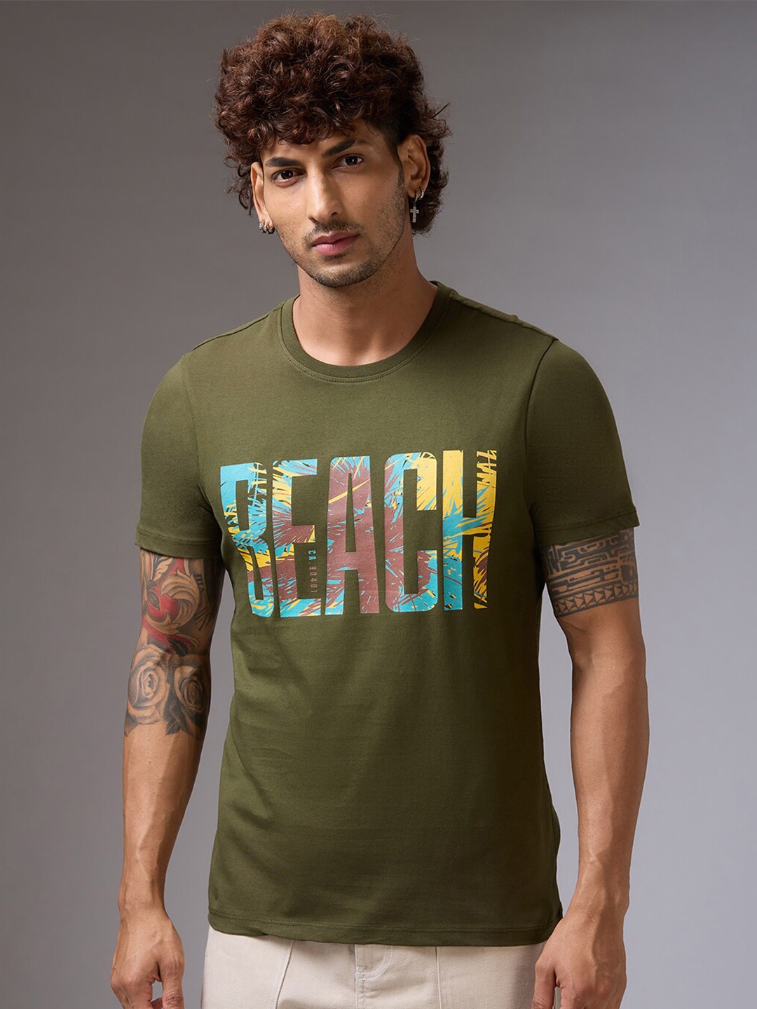 

NOIRA Typography Printed Cotton T-Shirt, Olive