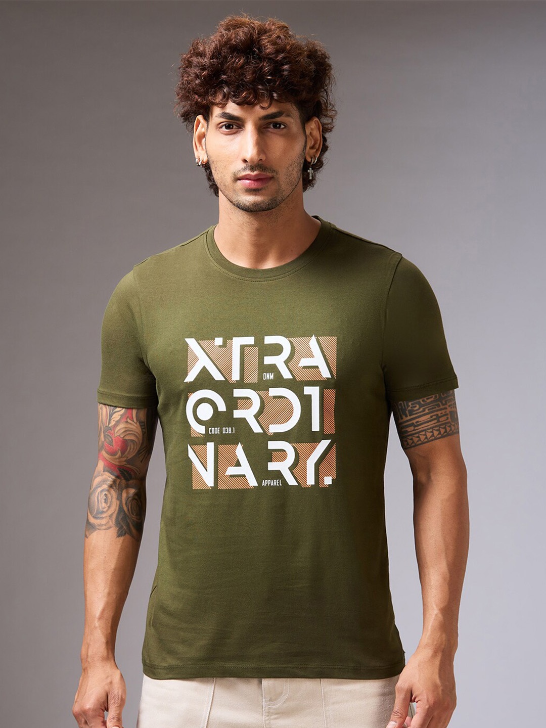 

NOIRA Typography Printed Round Neck Cotton T-shirt, Olive