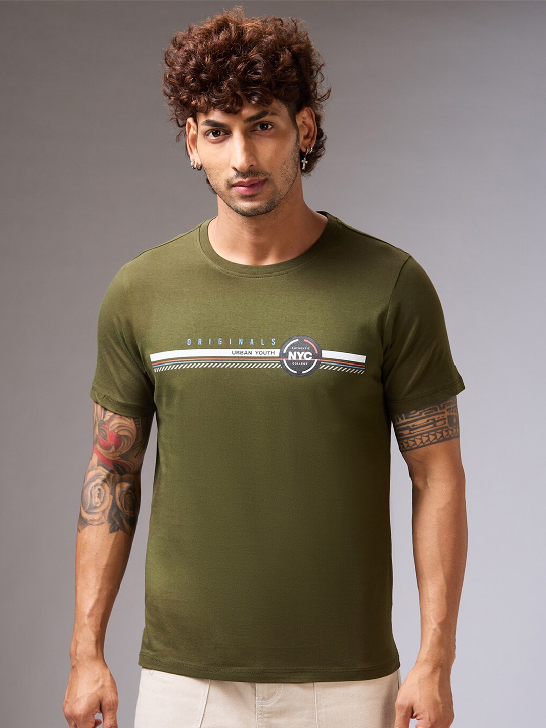 

NOIRA Typography Printed Cotton Casual T-shirt, Olive