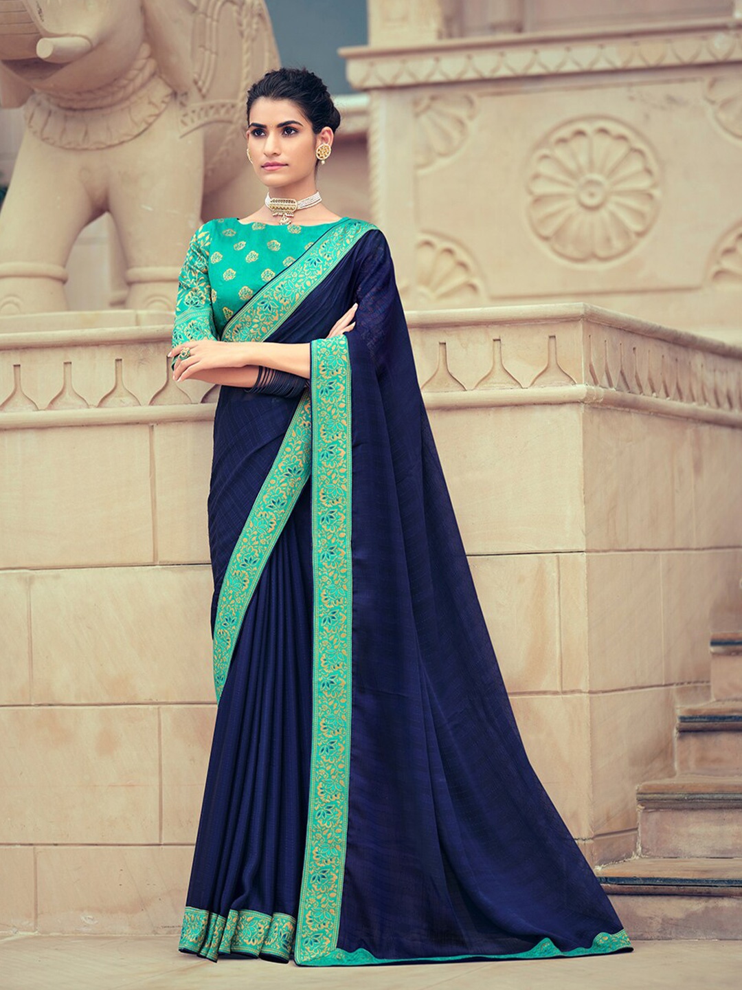 

Mitera Striped Woven Design Embroidered Pure Chiffon Saree, Navy blue