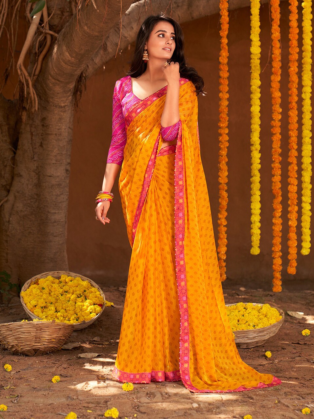 

Mitera Ethnic Motifs Printed Pure Chiffon Saree, Yellow