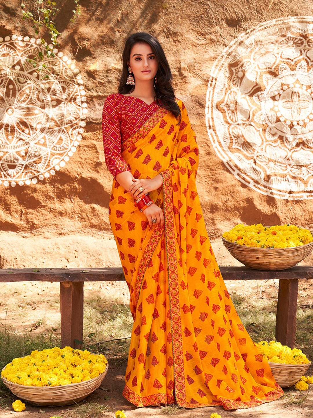 

Mitera Ethnic Motifs Embroidered Pure Chiffon Saree, Yellow