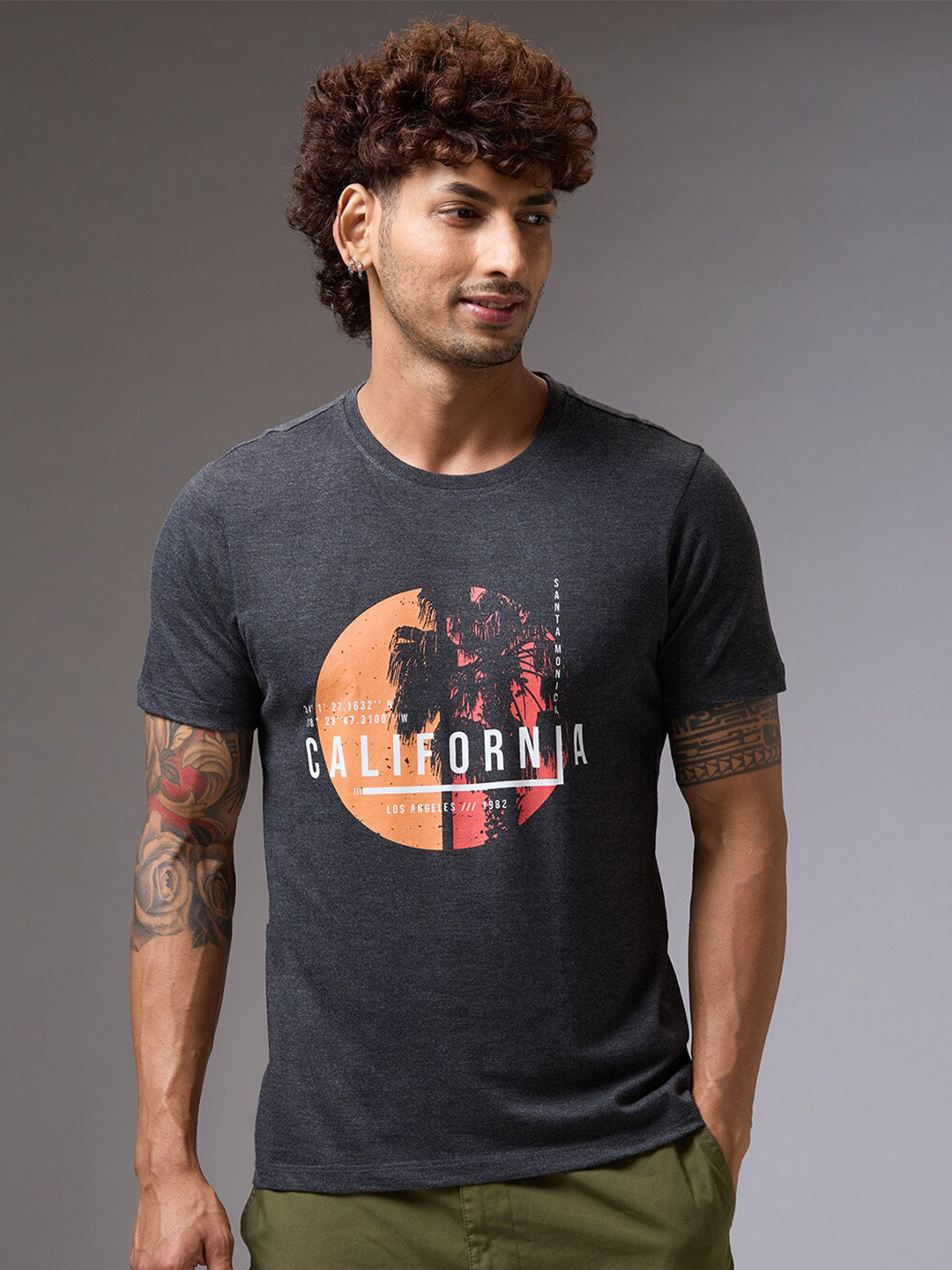 

NOIRA Typography Printed Cotton Casual T-shirt, Charcoal