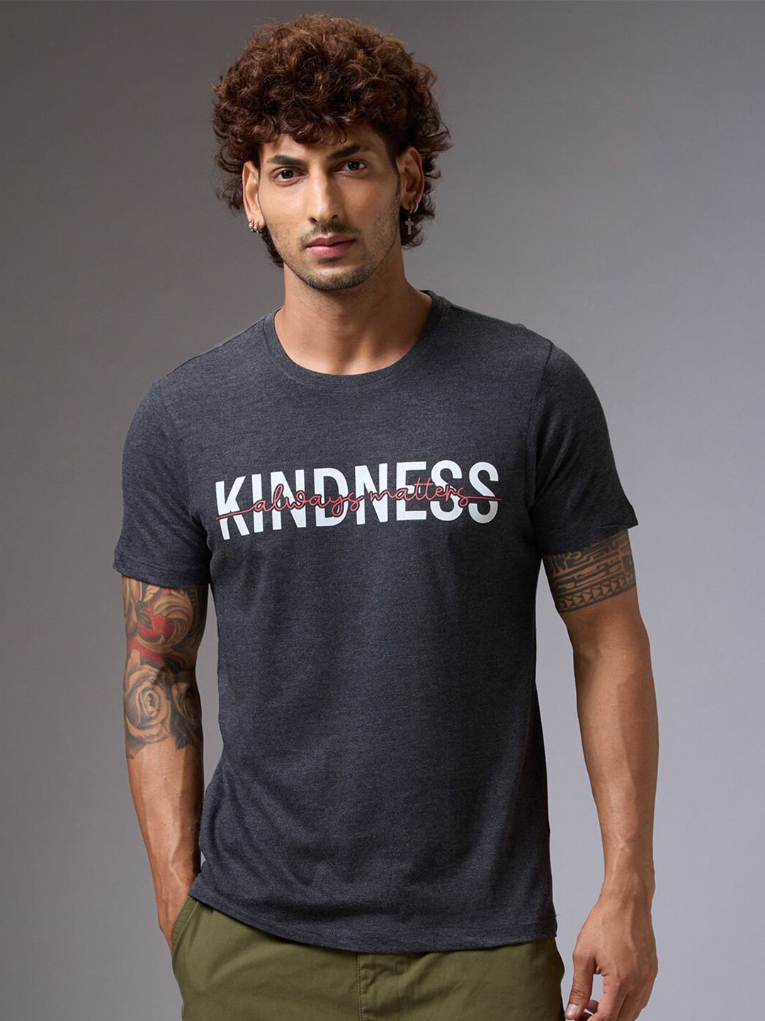 

NOIRA Typography Printed Round Neck Cotton T-shirt, Charcoal