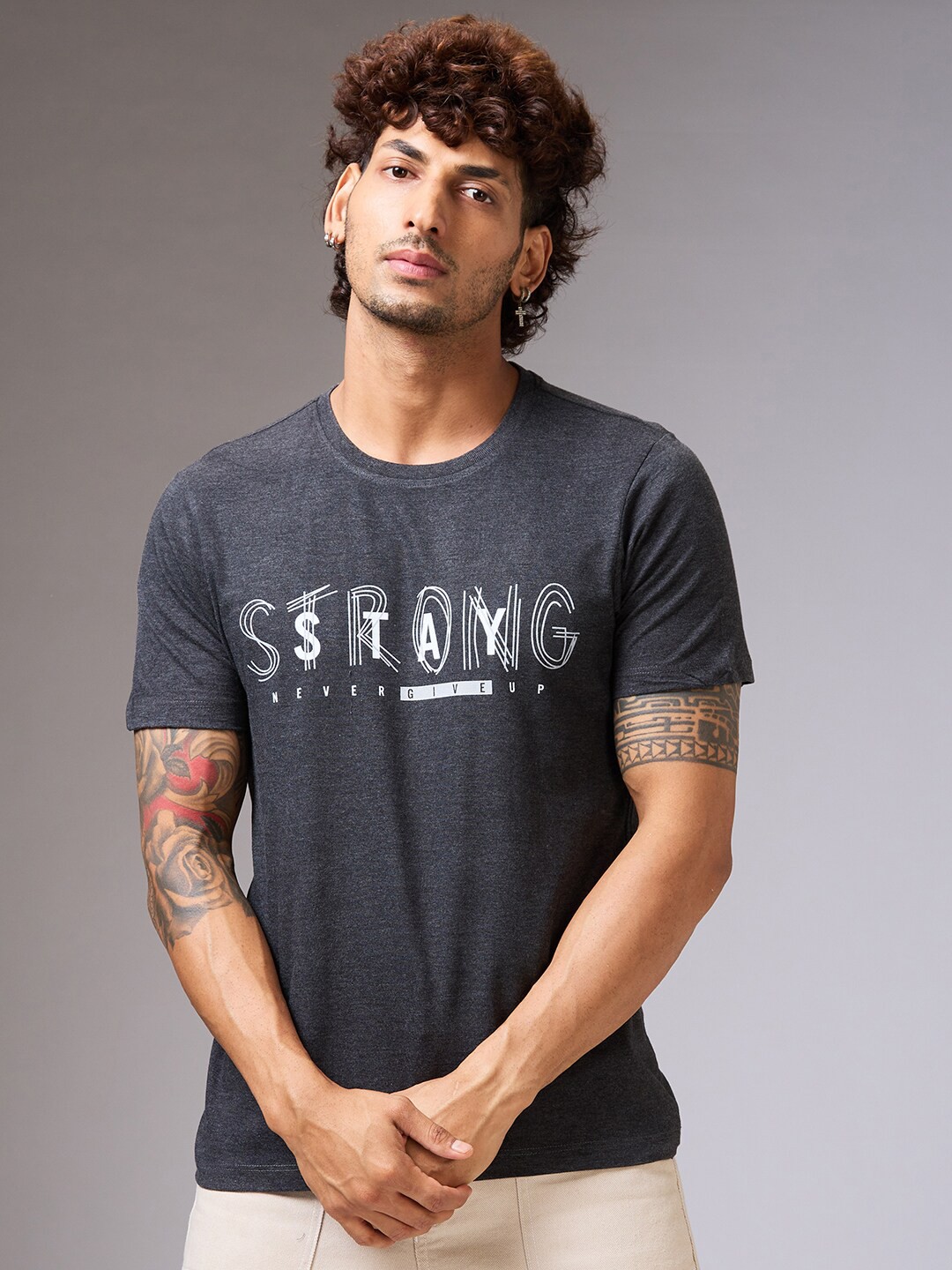 

NOIRA Typography Printed Cotton Casual T-shirt, Charcoal