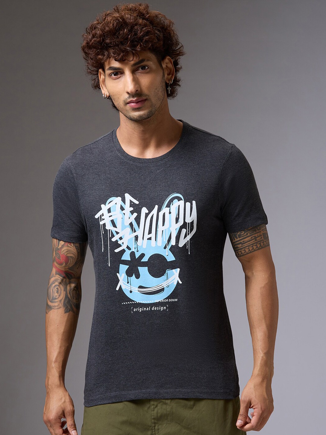 

NOIRA Typography Printed Cotton Casual T-shirt, Charcoal