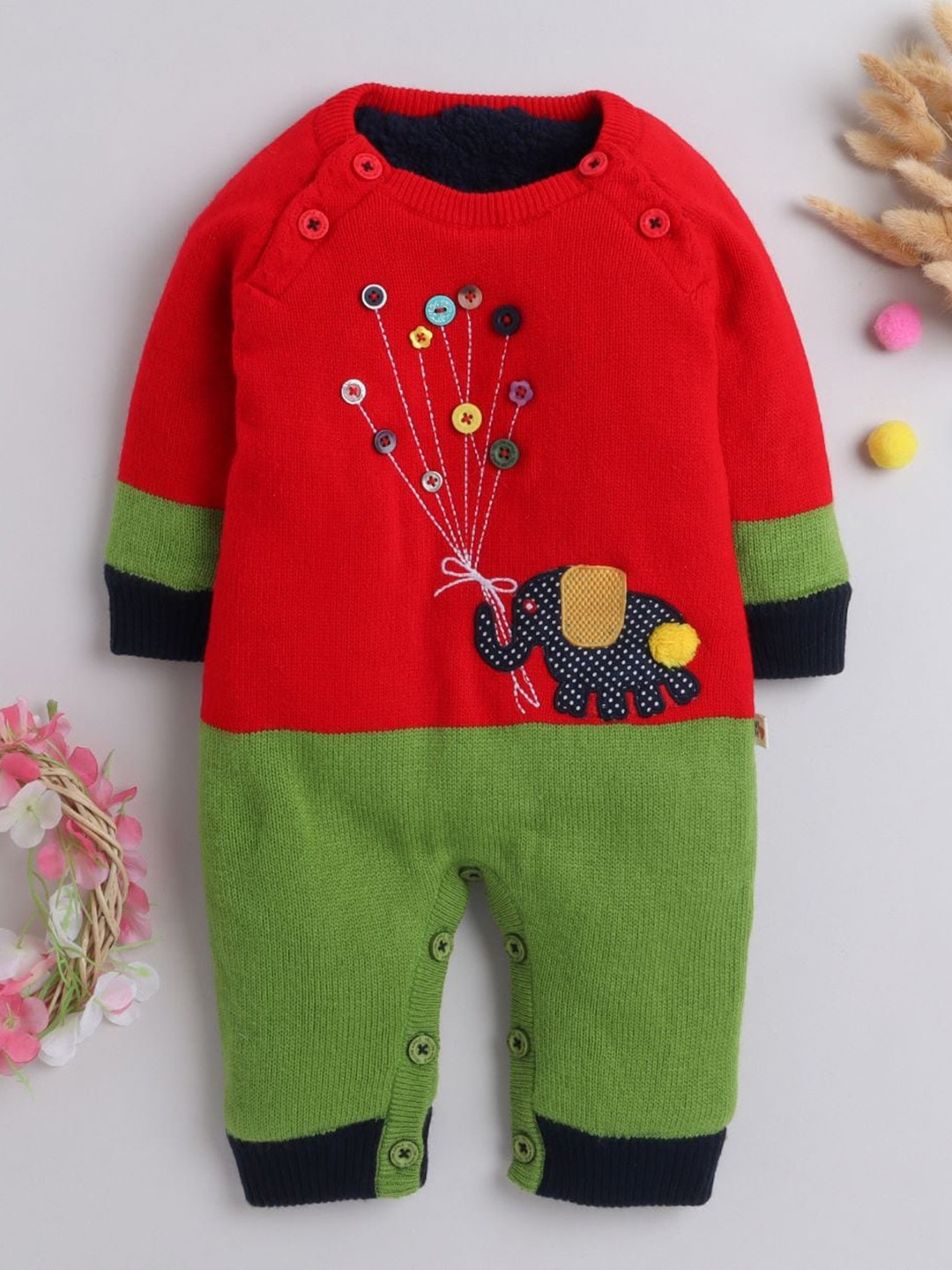 

Yellow Apple Infants Colorblocked Rompers WIth Inner Fur Fleece, Red