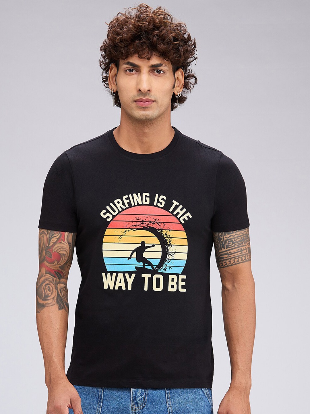 

NOIRA Graphic Printed Cotton Casual T-shirt, Black