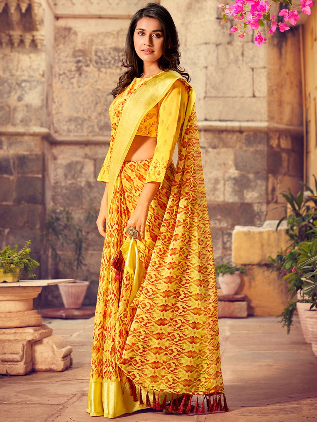 

KALINI Ethnic Motifs Printed Tasseled Zari Saree, Yellow