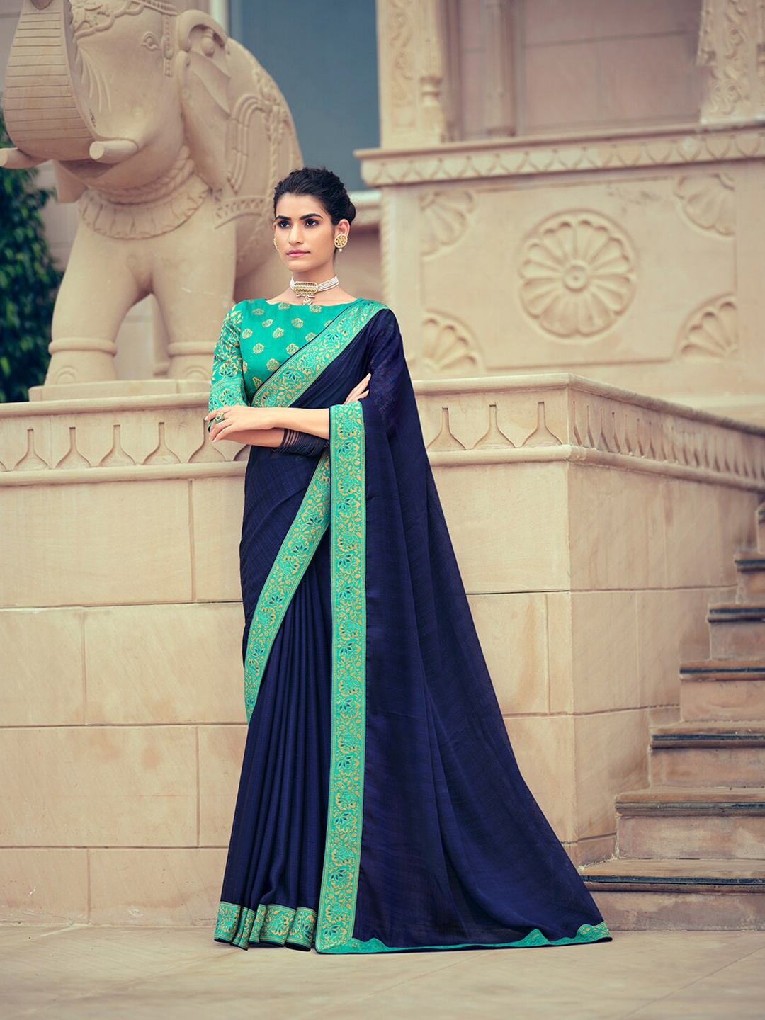 

KALINI Striped Pure Chiffon Saree, Navy blue