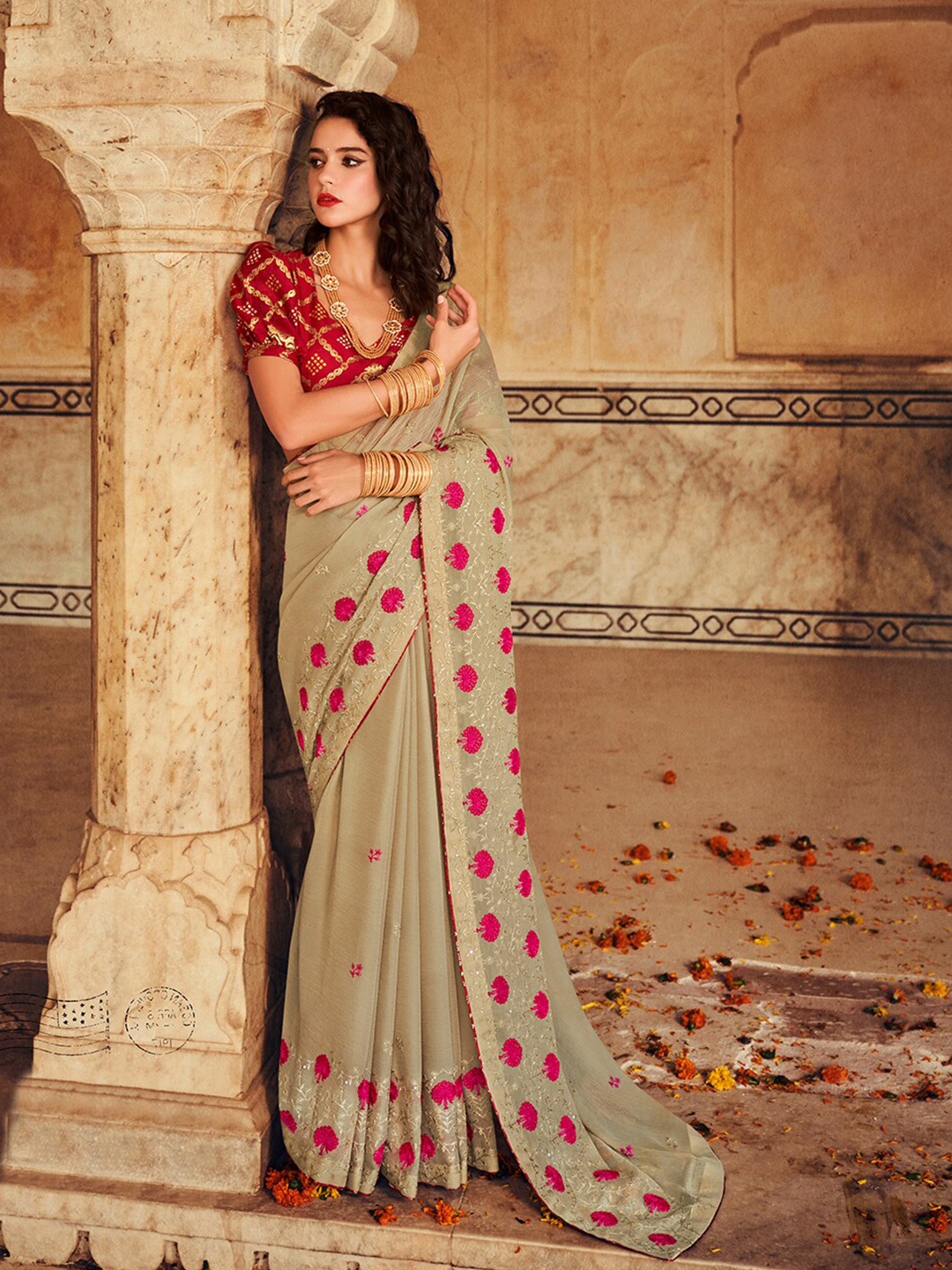 

KALINI Floral Embroidered Pure Chiffon Saree, Beige