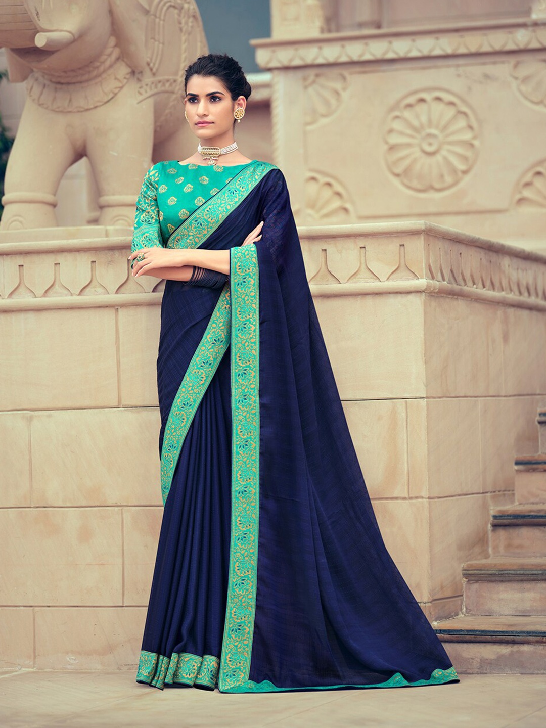 

Shaily Woven Design Pure Chiffon Saree, Navy blue