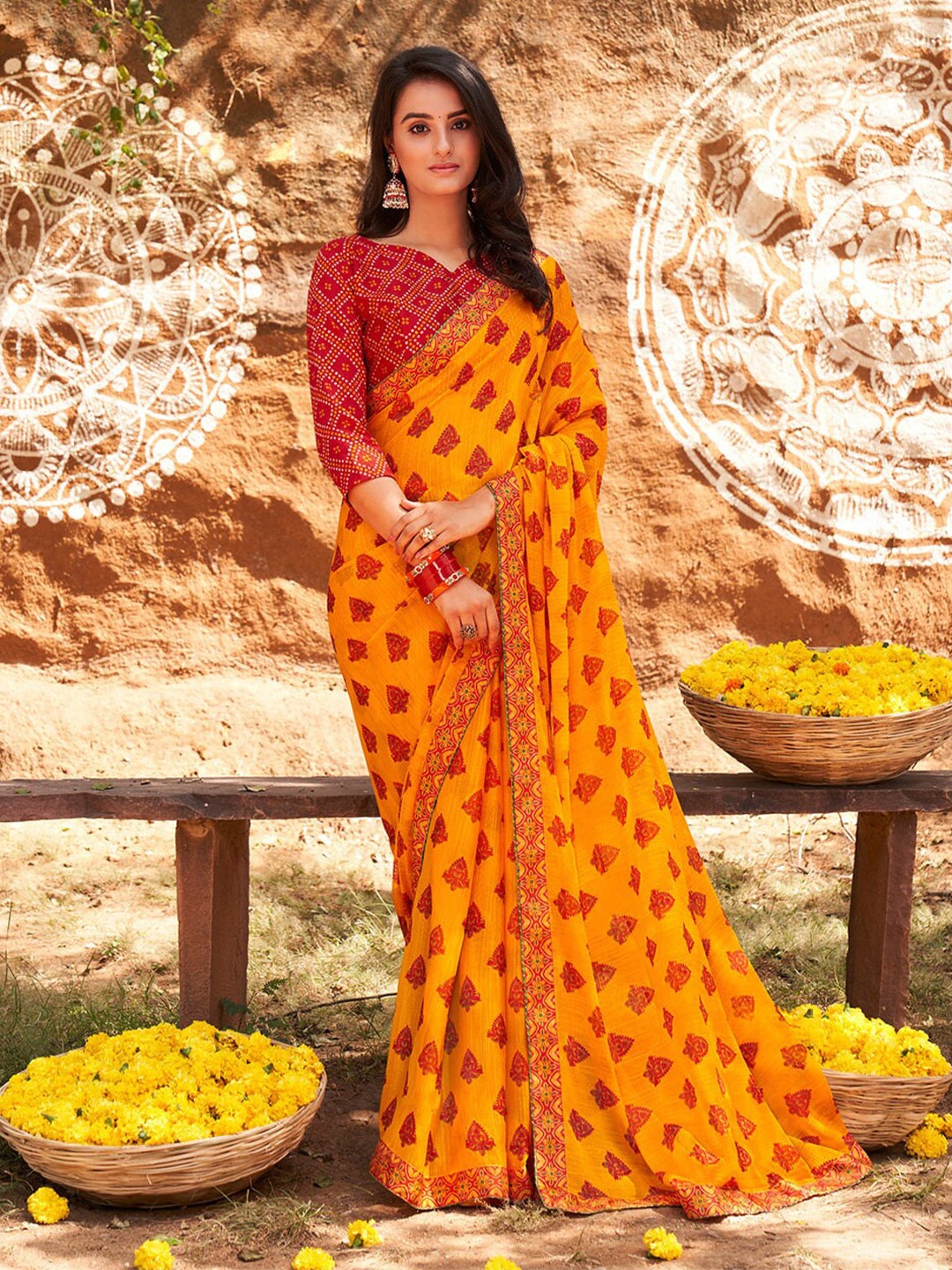 

Shaily Ethnic Embroidered Pure Chiffon Saree, Yellow