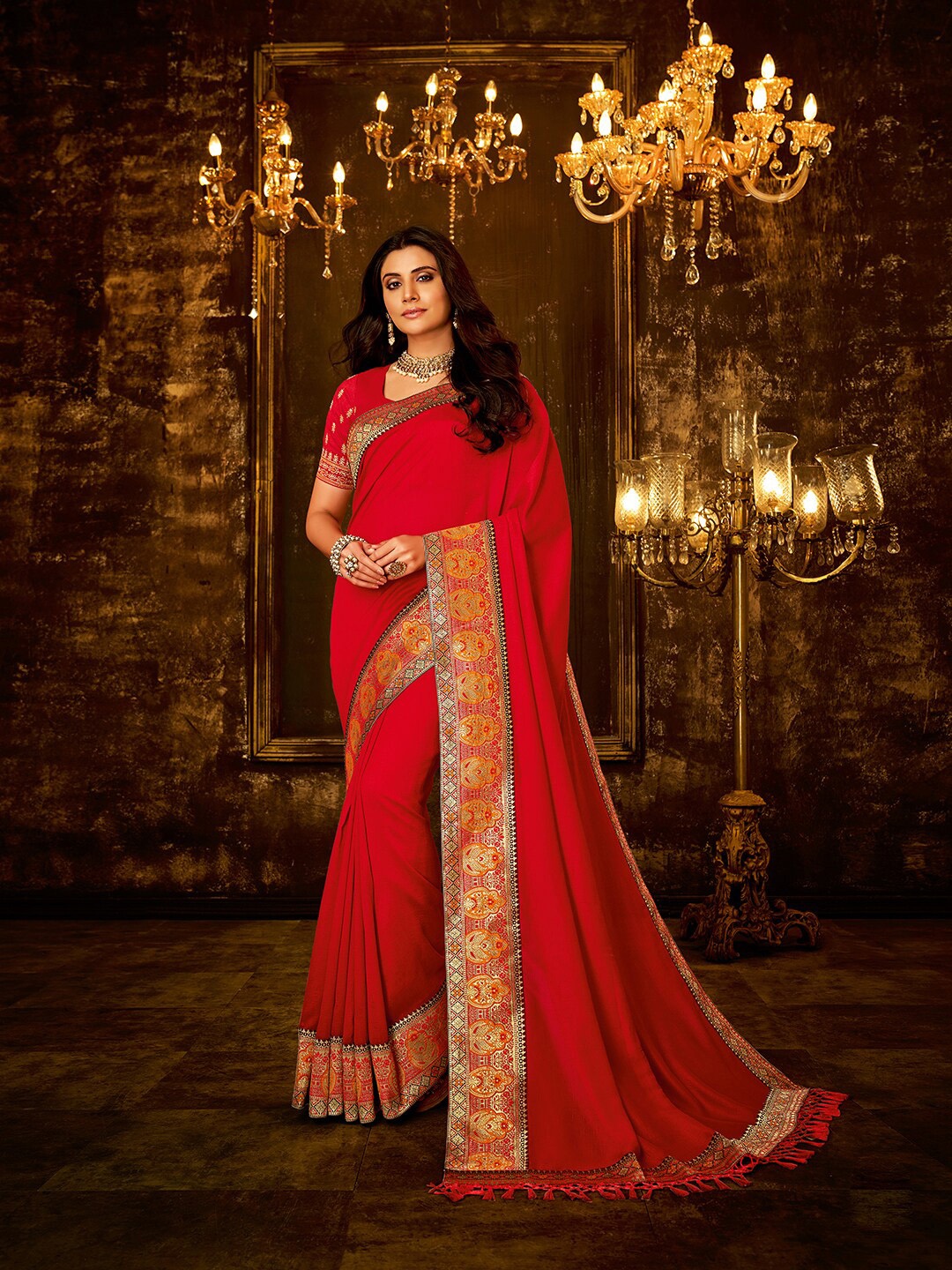 

Shaily Zari Vichitra Silk Saree with Tassels, Red
