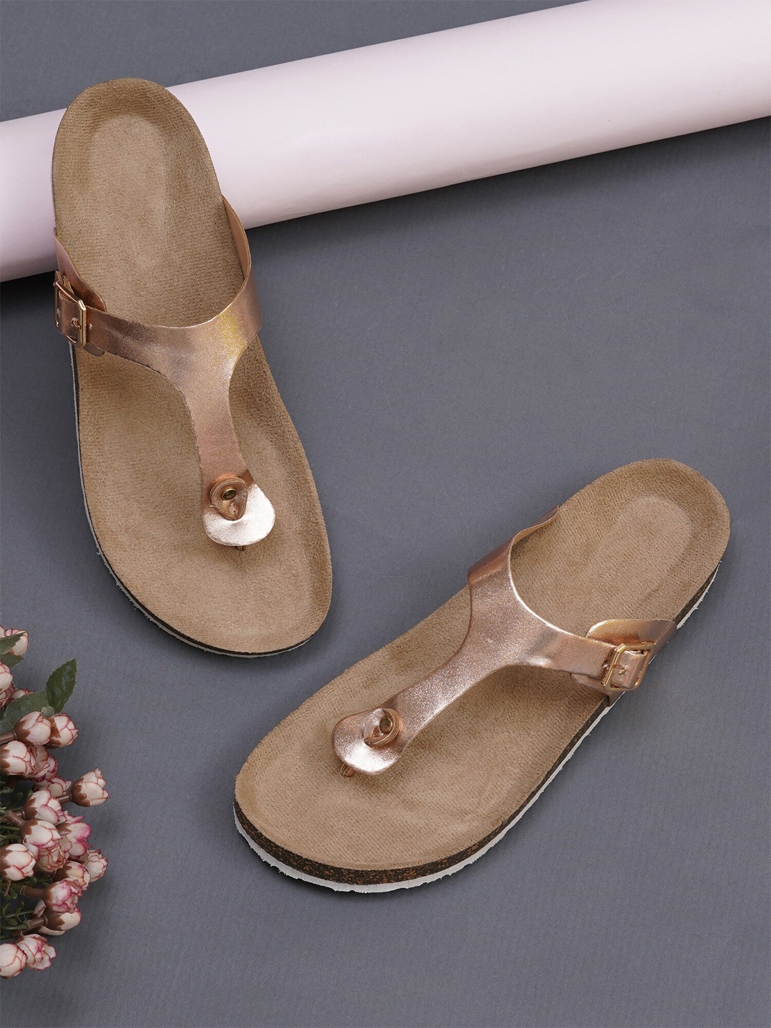 

MOZAFIA No Back Strap T-Strap Flats, Rose gold